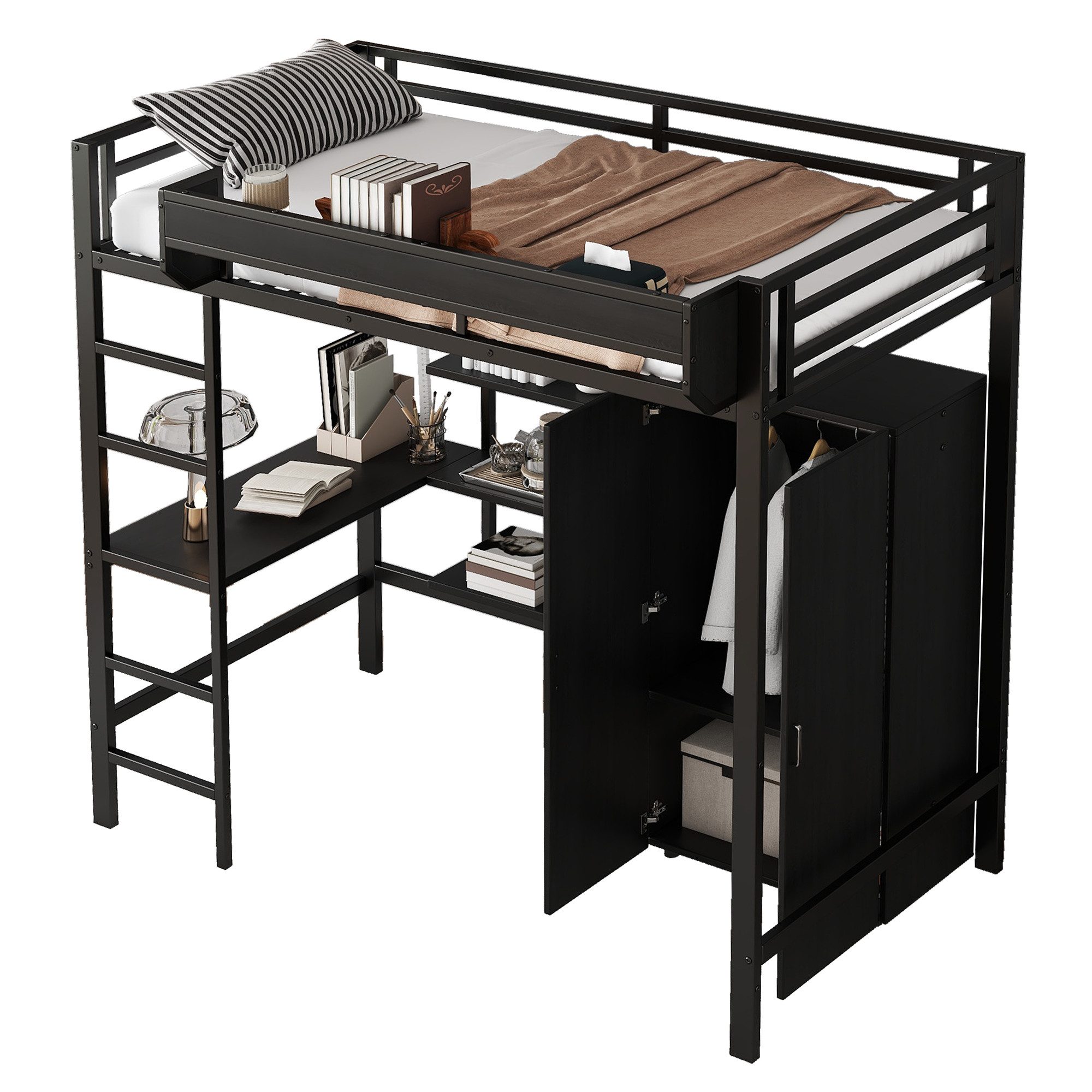 SOFTWEARY Hochbett mit Schreibtisch und Kleiderschrank (90x200 cm) Metallbett mit Rausfallschutz, Jugendbett, Kinderbett