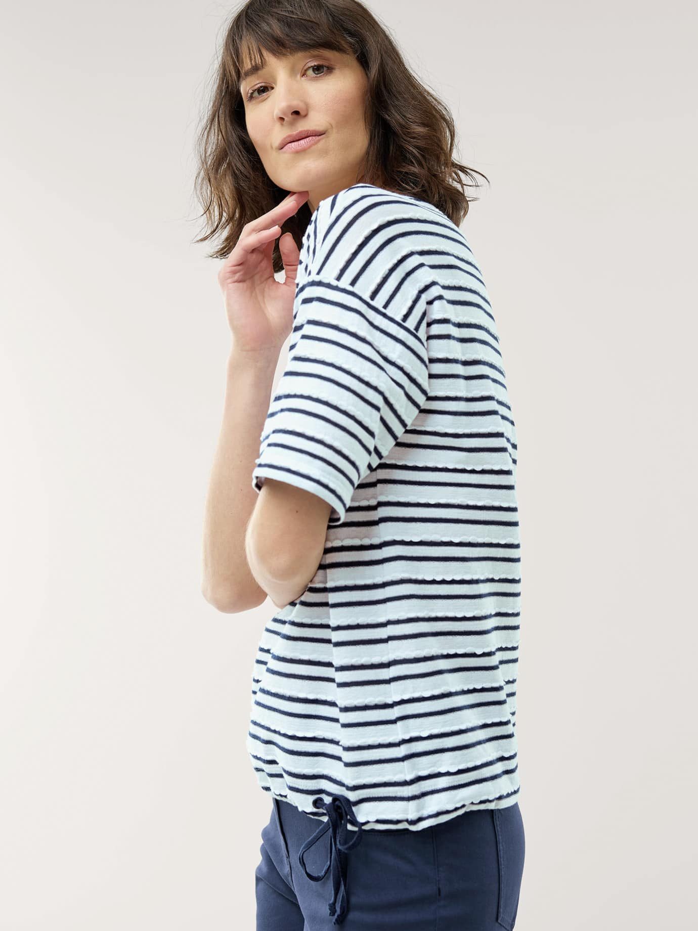 Walbusch Poloshirt Damen Blousonshirt Wellenreiter Halbarm Rundhals Garngefärbte Ringel, plastische Struktur, pflegeleichter Baumwollmix