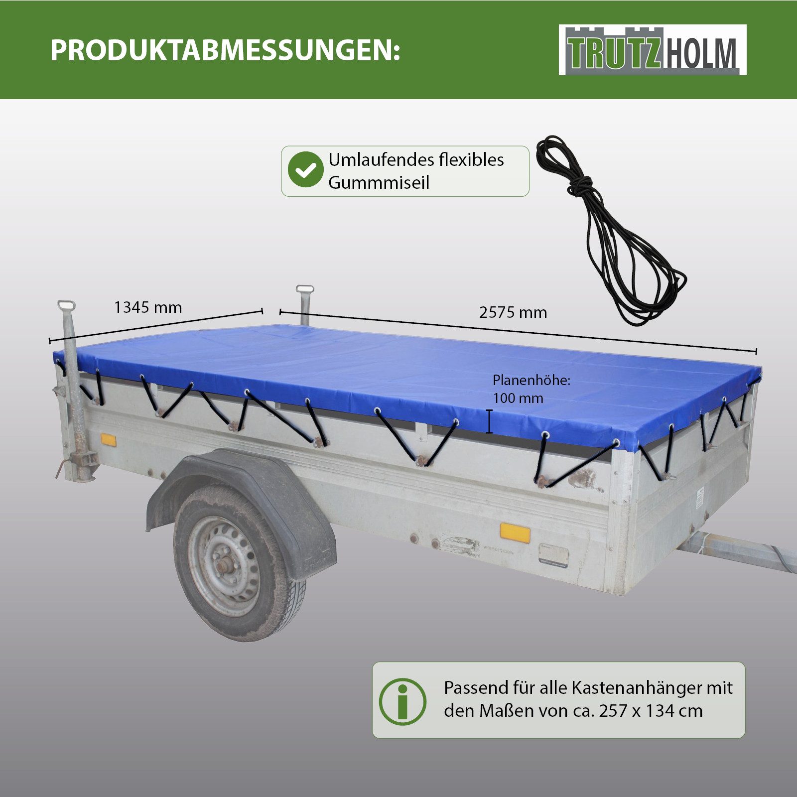 TRUTZHOLM Autoplane Anhänger Flachplane Blau Gummigurt 2575x1345x100mm incl.3 Alu-Bügel (Set, 3-St) – Bild 2 von 5