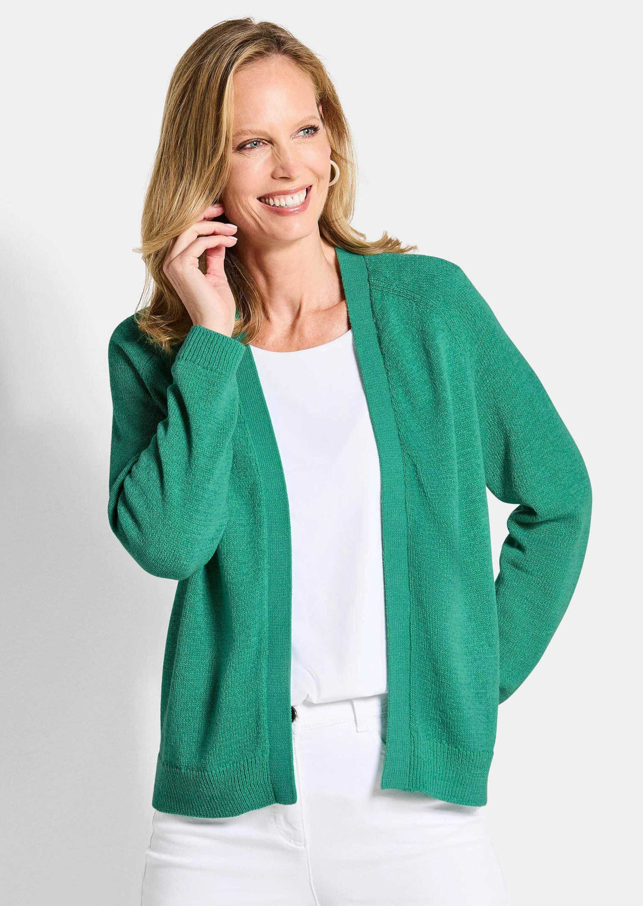 GOLDNER Strickjacke Strickjacke mit Strickbandblende Kurzjacke ohne Verschluss mit gerippten Abschlüssen und Langarm