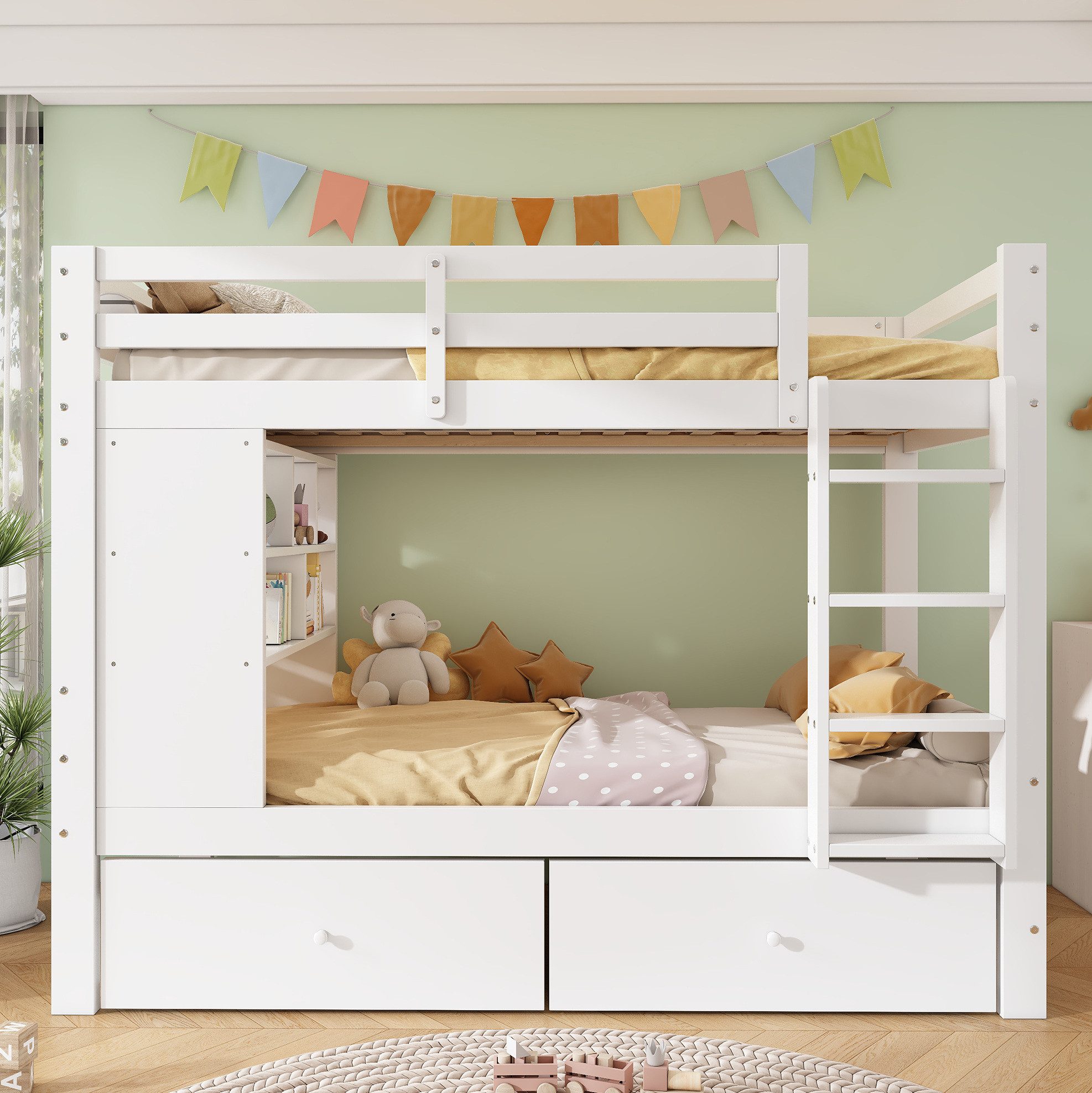 REDOM Etagenbett Kinderbett mit zwei Schubladen und integriertem Regal (Holzbett 90x200cm, mit praktischer Aufstiegsleiter, Jugendbett Stauraumbett), ohne Matratze