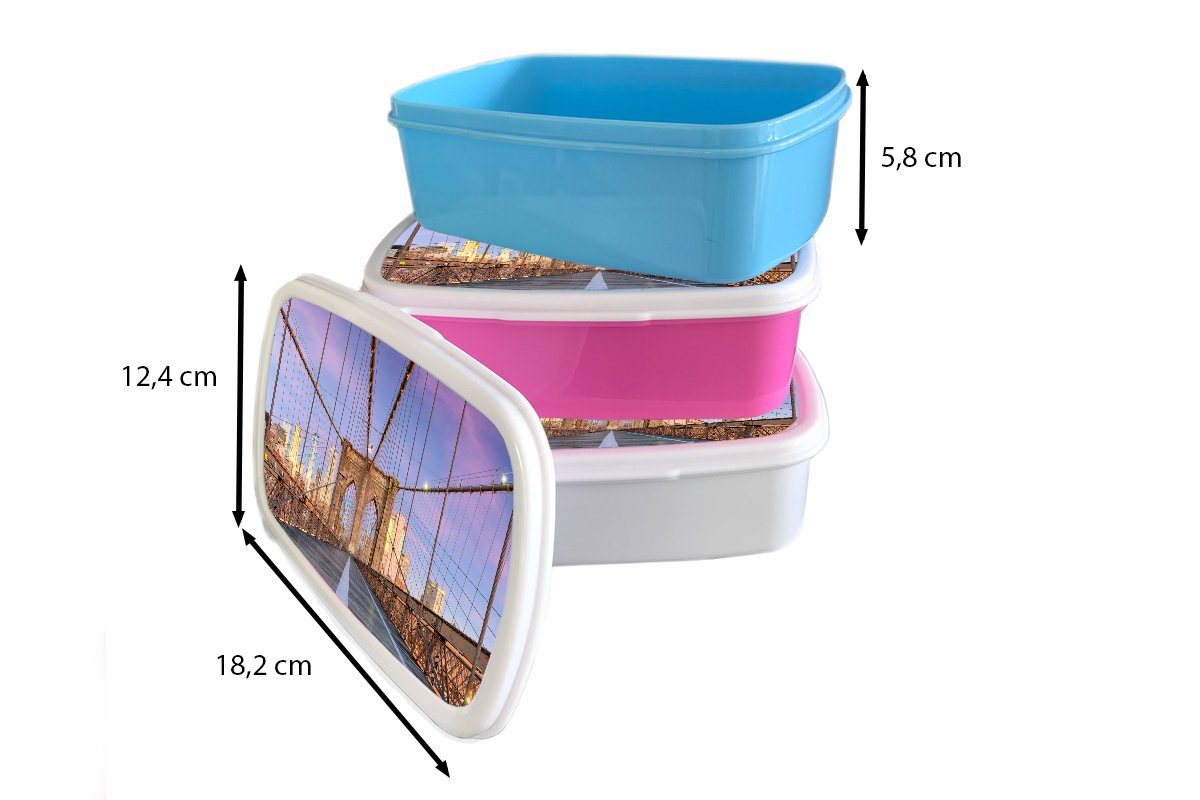 - weiß MuchoWow Kinder Mädchen Lunchbox für Brotdose, Sonnenuntergang Kunststoff, Bridge, (2-tlg), - Brotbox New und Jungs Erwachsene, und Brooklyn York für