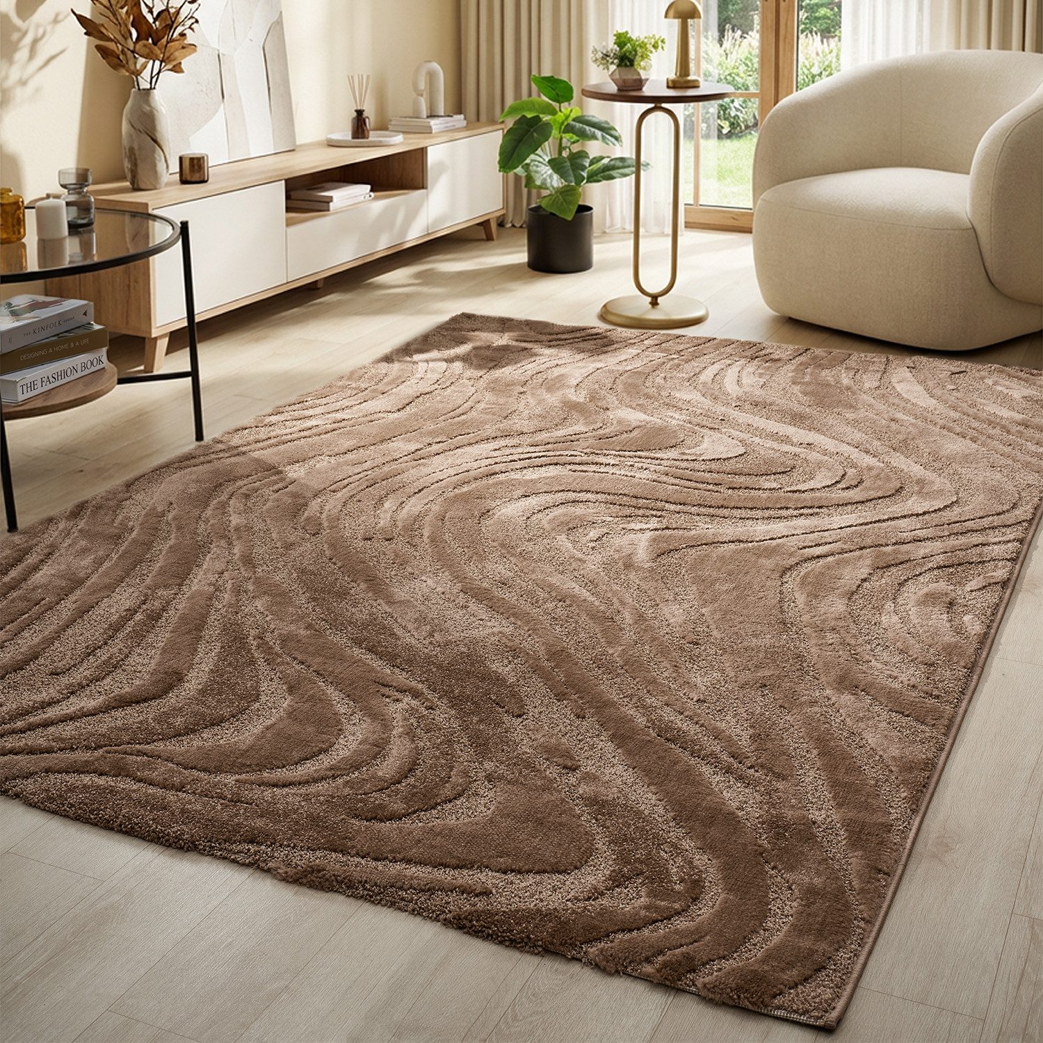 Vimoda Teppich Wellenmuster, modernerer Design, dicht & weich, Rechteckig, Höhe: 11 mm, Uni, Läufer Grau, 3D Effekt, Wohnzimmer, Schlafzimmer