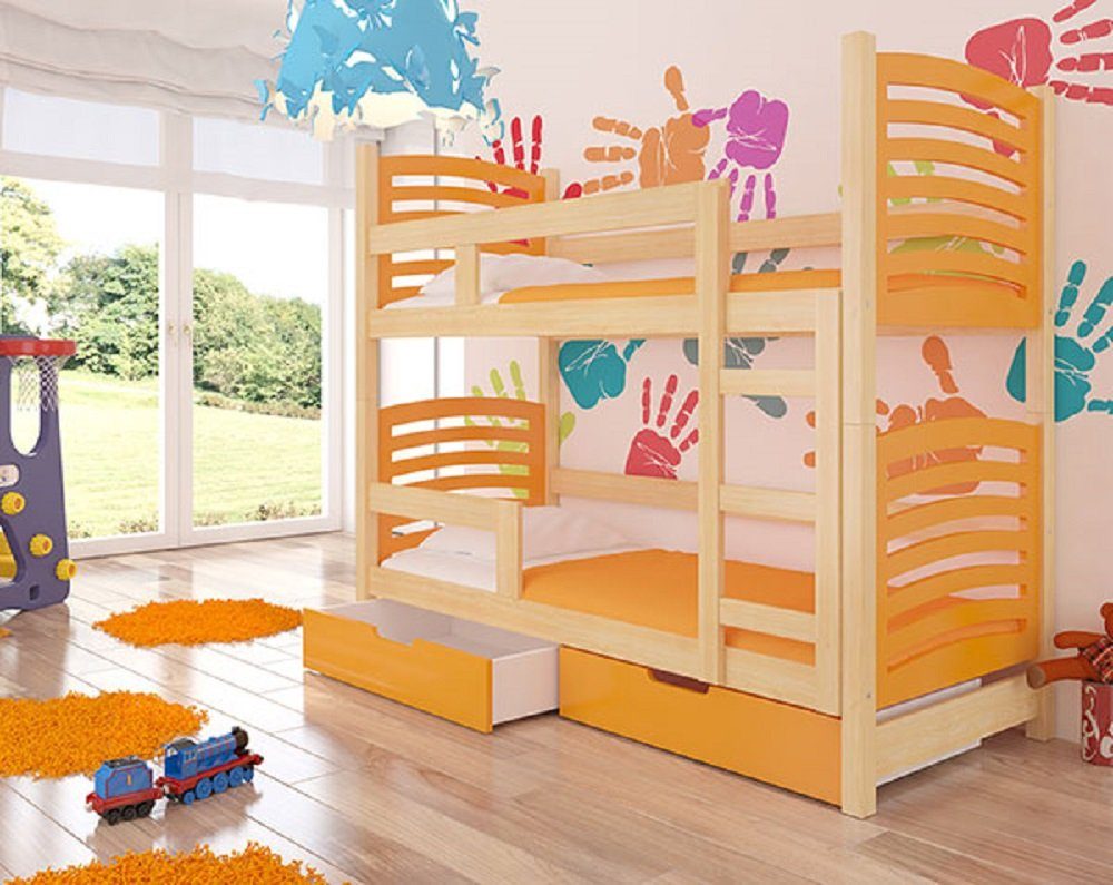 Feldmann-Wohnen Hochbett OSUNA (Etagenbett mit 2 Schlafgelegenheiten) Farbe wählbar Kiefer Natur / Absetzungen: orange