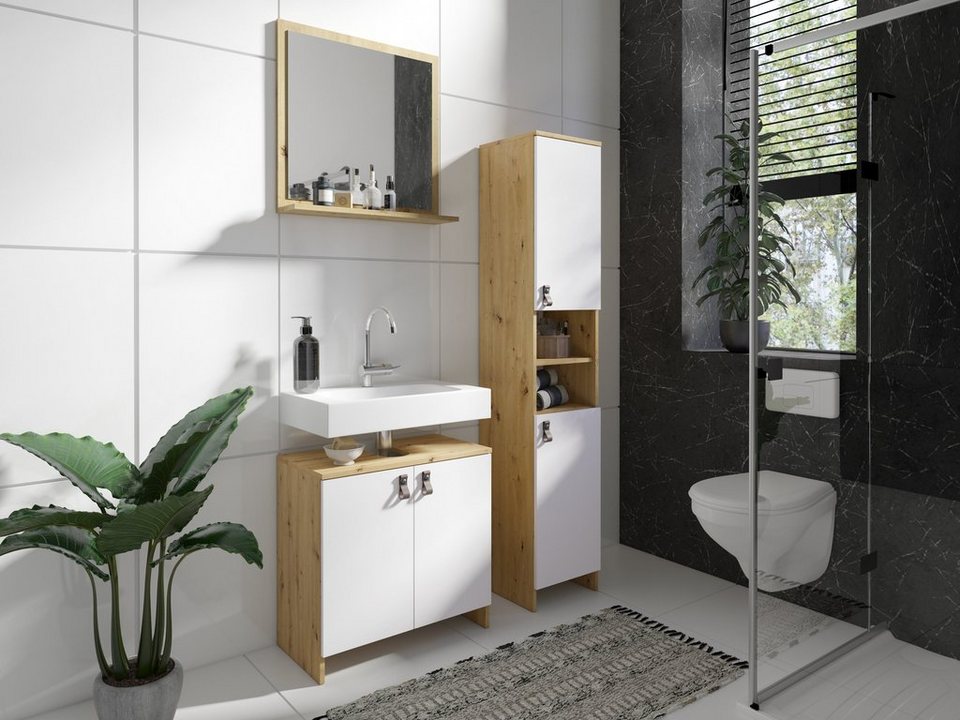 Homexperts Waschbeckenunterschrank New Port Badezimmerschrank in  skandinavischem Design mit Kunstledergriffen, Moderne Artisan Eiche  Nachbildung kombiniert mit weißen Türen