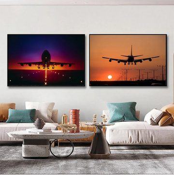 TPFLiving Kunstdruck (OHNE RAHMEN) Poster - Leinwand - Wandbild, Vintage Flugzeug-Sonnenuntergang-Himmel-Leinwandgemälde (Leinwandbild XXL), Farben: Orange, Blau, Weiß, Schwarz, Rot, Gelb -Größe: 20x30cm