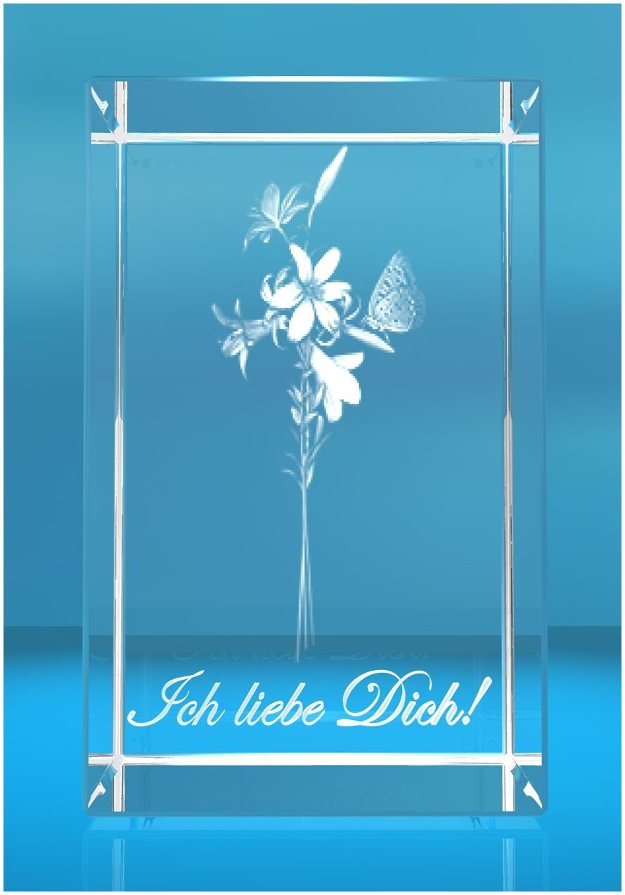 VIP-LASER Dekofigur 3D Glasquader I Lilien I Text: Ich liebe Dich, Hochwertige Geschenkbox, Made in Germany, Familienbetrieb