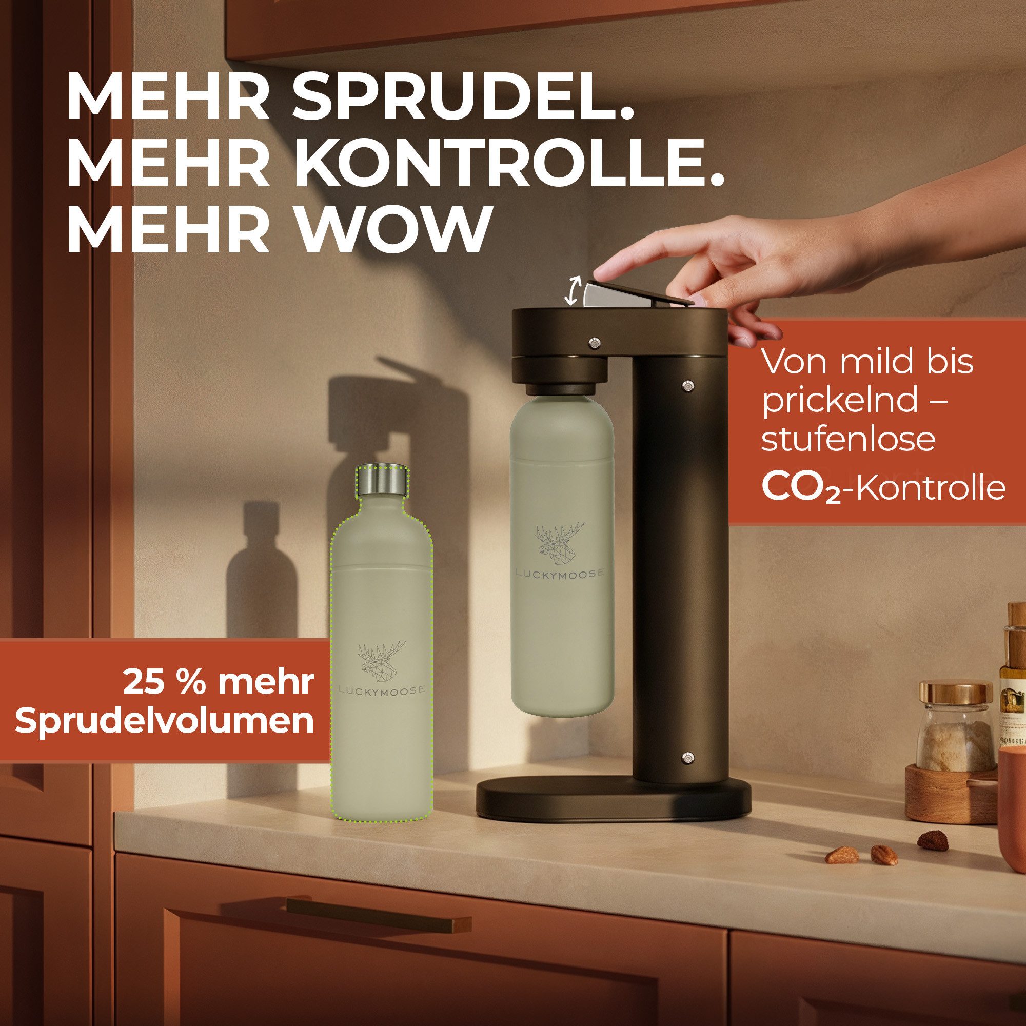 Luckymoose Wassersprudler Infinity-S mit 2x 1,25L langlebige Edelstahlflaschen, (2xSand-tlg), Spart bis zu 25% CO2, Flaschen spülmaschinenfest & ohne Ablaufdatum