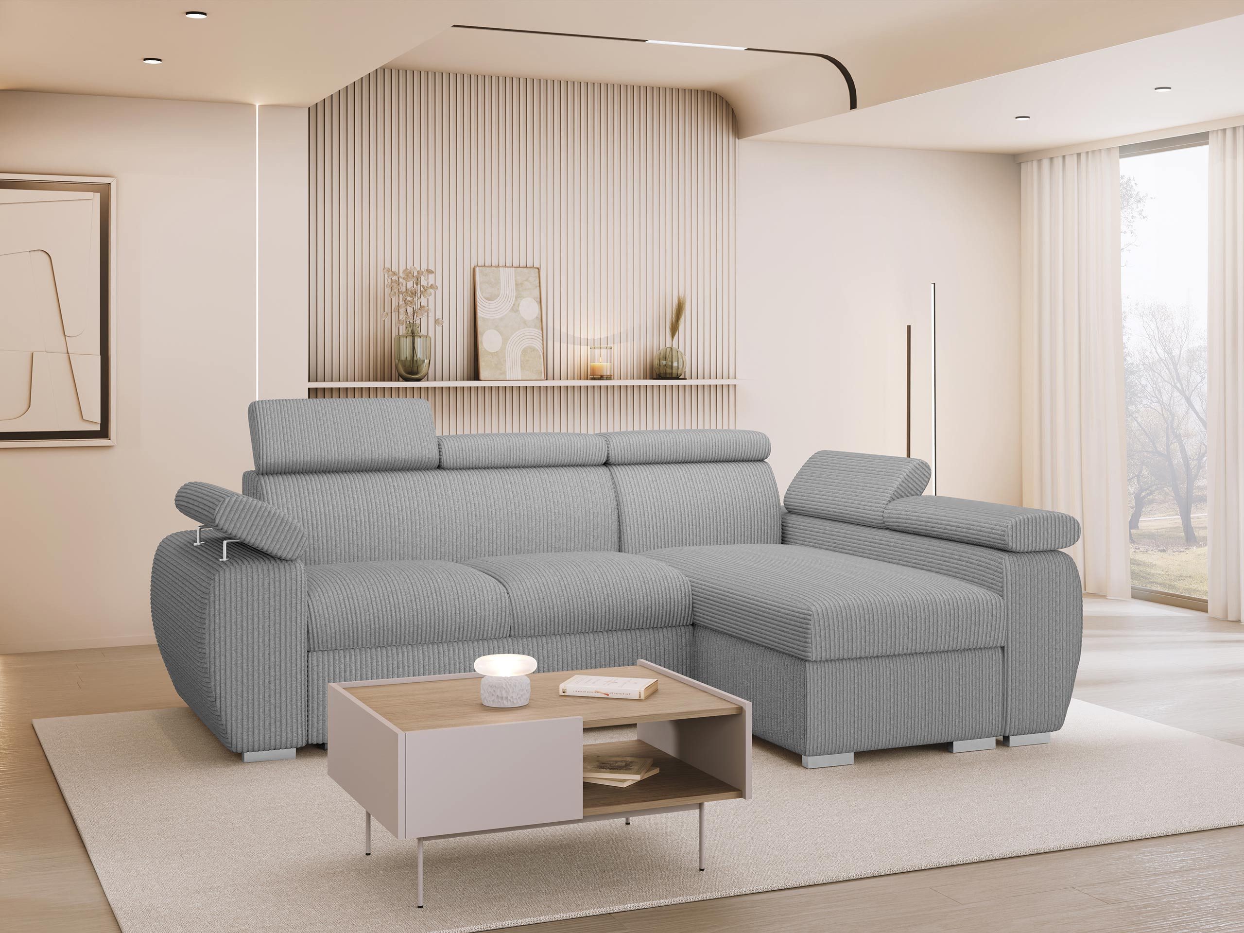 MIRJAN24 Ecksofa Boston Mini Premium Cord 2RLC, mit Bettkasten und Schlaffunktion, Verchromte Metallfüße, Einstellbare Kopfstützen