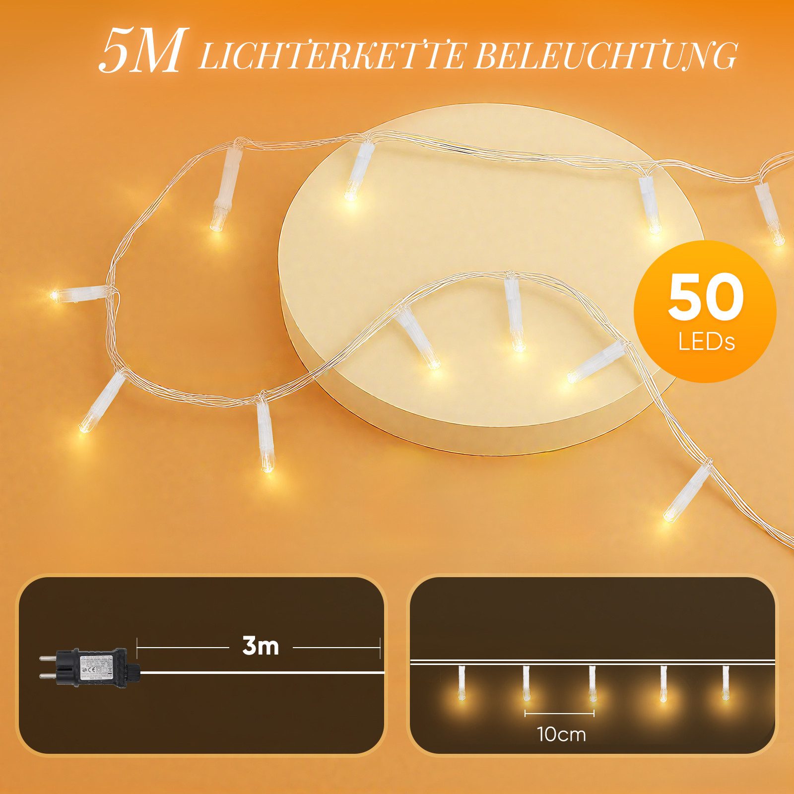 Salcar LED-Lichterkette 2m-100m LED Lichterkette Weihnachtsbaum 20-1660er LED Weihnachtsdeko, 5m 50 LED, 8 Modi und Memory-Funktion, Spritzwassergeschützt – Bild 4 von 5