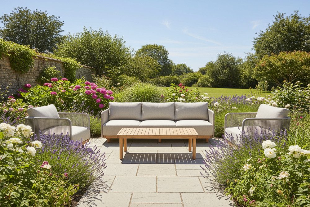 riess-ambiente Gartenlounge-Set ROPE 220cm hellgrau/natur - Akazie, wetterfest, inkl. Tisch & Kissen, (Set, 4-tlg), Gartenmöbelset - ideal f. gesellige Sommerabende m. Familie & Freunden