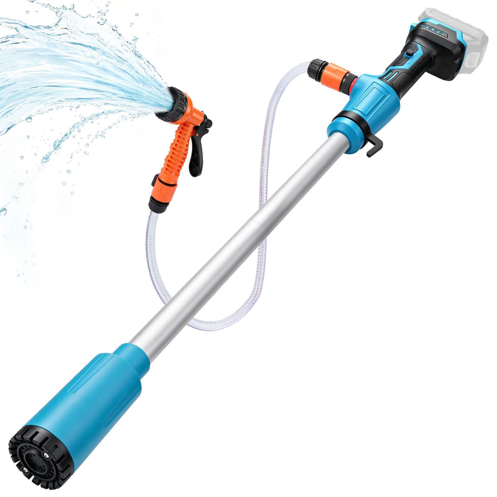 XIIW Wasserpumpe Ø5,5cm Akku Regenfasspumpe mit Gartensprühdüse 3300L/h Gartenpumpe (8m Förderhöhe, 3/4" Anschluss, Bürstenloser‑Motor), für Pool/Garten/Teich/Wohnmobil/Boot
