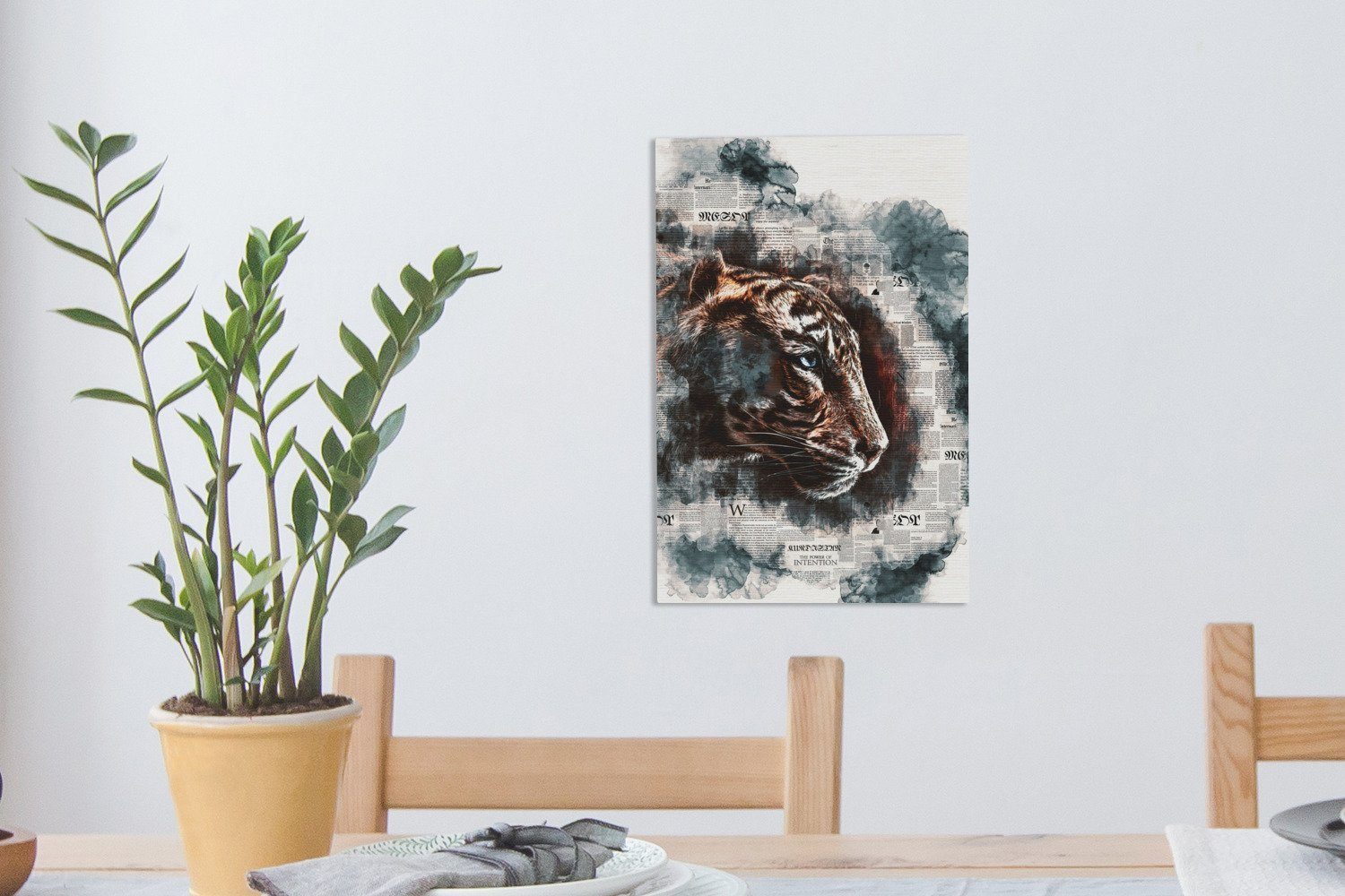 OneMillionCanvasses® Leinwandbild Tiger - Streifen, 20x30 St), inkl. Leinwandbild Zeitungen (1 Zackenaufhänger, fertig bespannt cm Gemälde, 