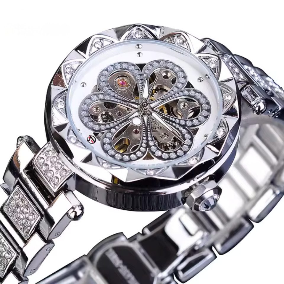 Rötting Design Automatikuhr Damenuhr Marke Forsining Rhinestone Besatz silberfarbenes Design, Handgelenkumfang 16 bis 20 cm wählbar
