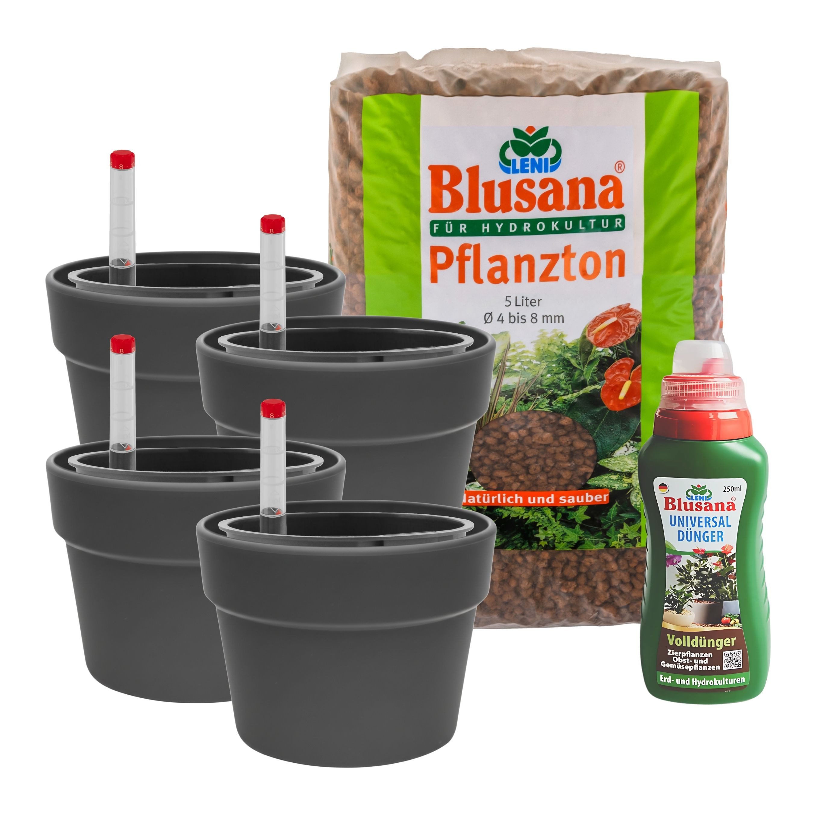 LENI Blumentopf "Classic" Hydrokultur Komplett-Set Selbst-Bewässerungssystem (Hydrokultur-Set, 4 St., Übertopf, Kulturtopf, Gießanzeige + 1 x 5L Substrat & 1L Dünger), Wasserdichtes Pflanzgefäß für Indoor & Outdoor
