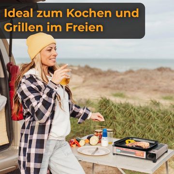 ZMC Gaskocher 2in1 Gas Kocher Campingkocher + Grillplatte + Grillpfanne Gasgrill, (Gasbrenner Tischgrill inkl. Transportkoffer für:Indoor/Outdoor Wärmeleistung: 2,1KW), + 8x 227g MSF-1a Gaskartuschen Tragbarer Camping Kocher Herd Gaskocher