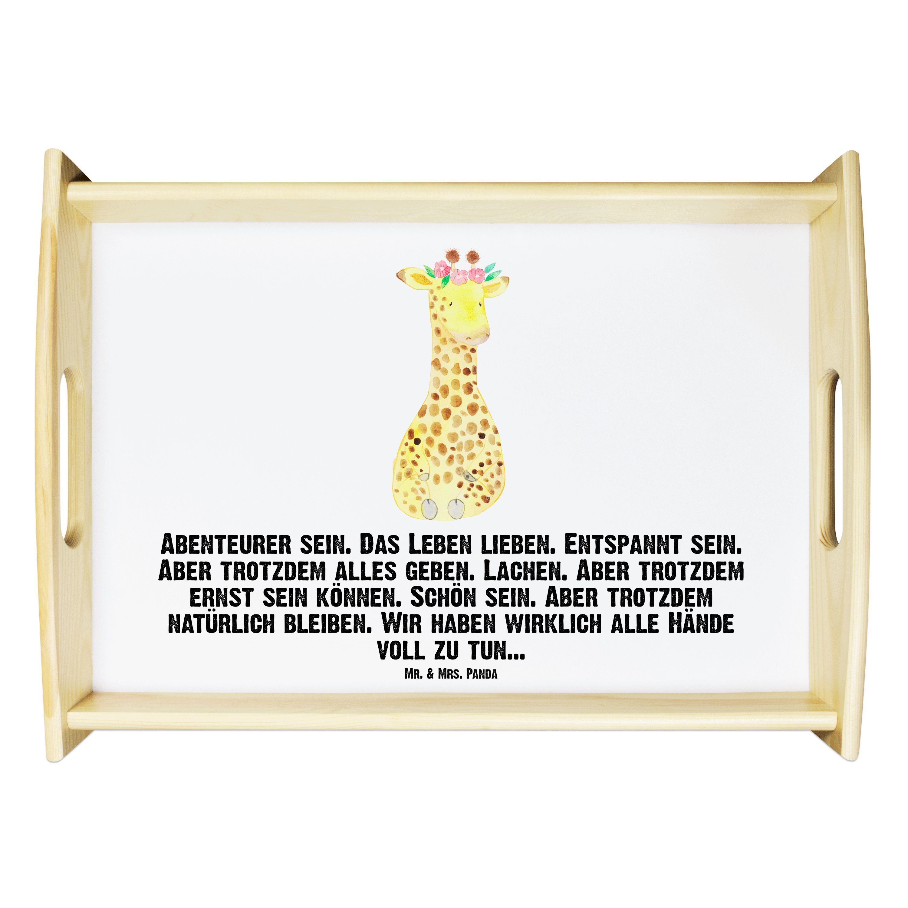 Mr. & Mrs. Panda Tablett Giraffe Blumenkranz - Weiß - Geschenk, Wildtiere, Küchentablett, Holz, Echtholz lasiert, (1-tlg)