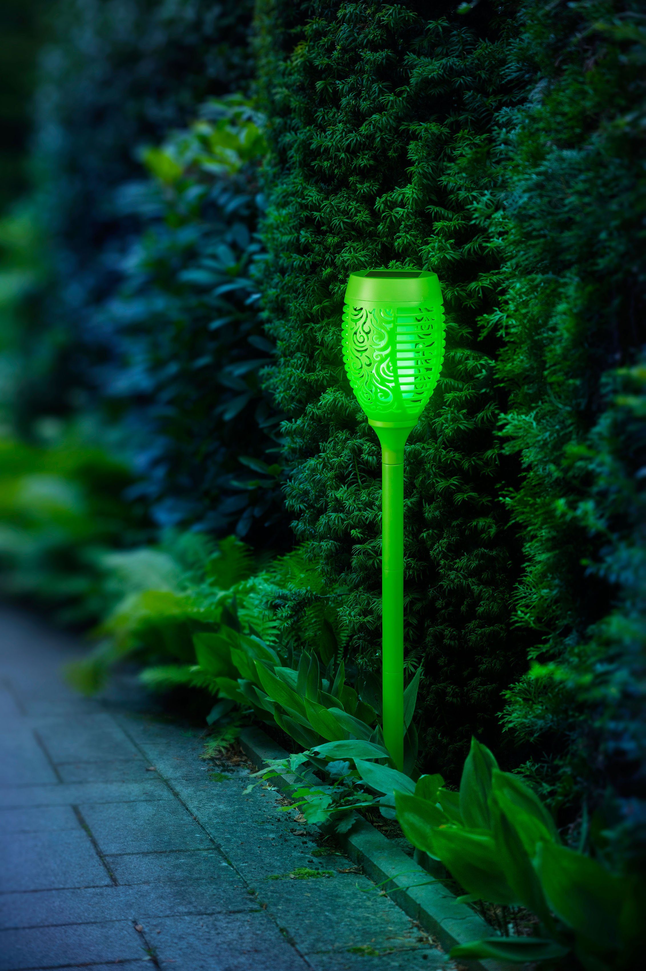 Gartenfackel 3er Tageslichtsensor, realer BONETTI LED grün LED Gartenfackel, Set Flamme LED mit Solar integriert, fest