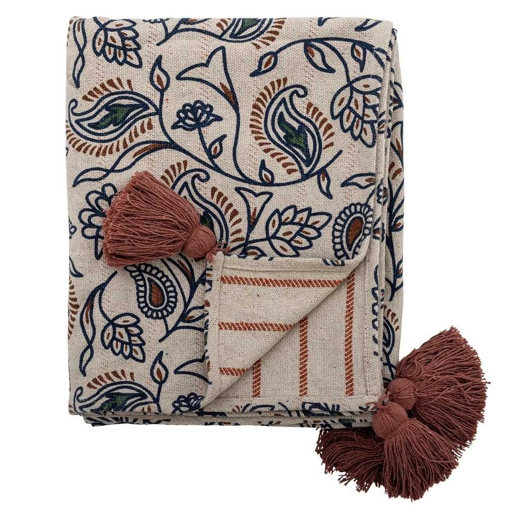 Wohndecke Bloomingville Decke PAISLEY Beige Blau Braun mit Quasten 160x130 cm, Bloomingville