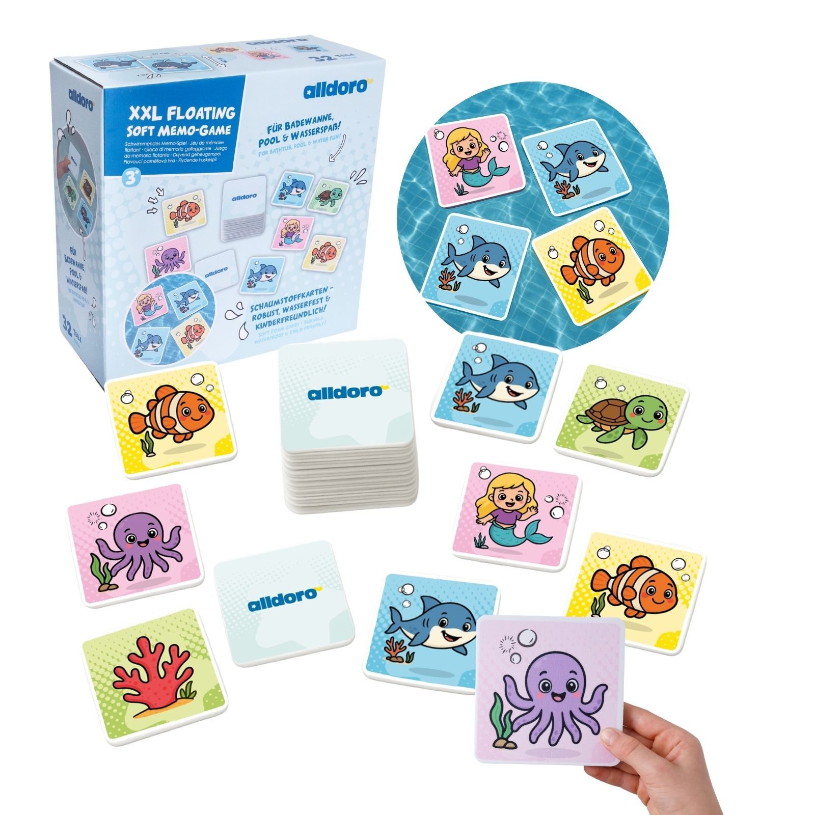 alldoro Badespielzeug XXL Memo Spiel für Badewanne & Pool – 32 schwimmende Karten, Badespielzeug aus EVA-Schaum mit Unterwasser-Motiven ab 3 Jahren