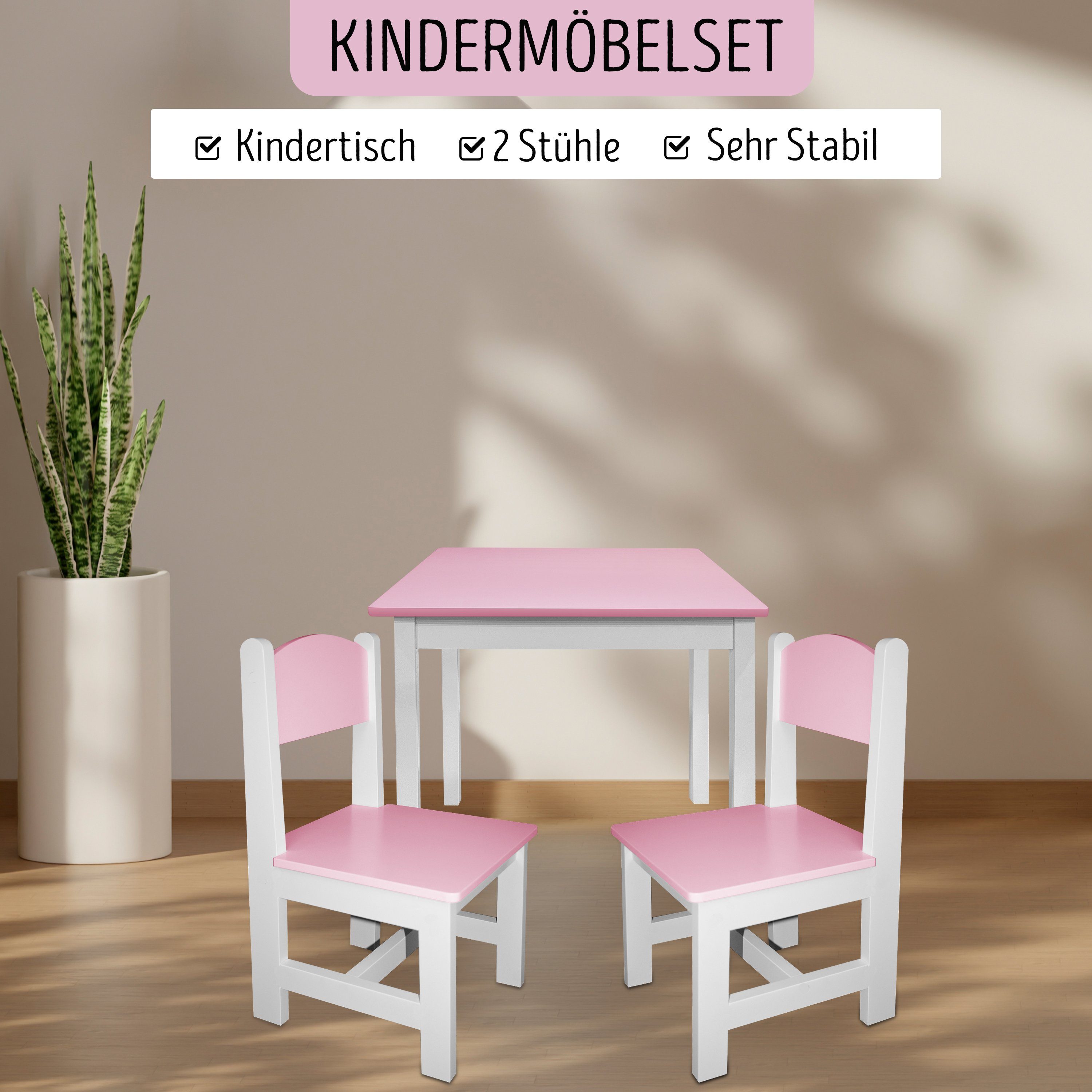 & Kindertisch Stühle Kindermöbelset 2 habeig Hocker Rosa+Weiß Maltisch Kindersitzgruppe 60x50x50cm