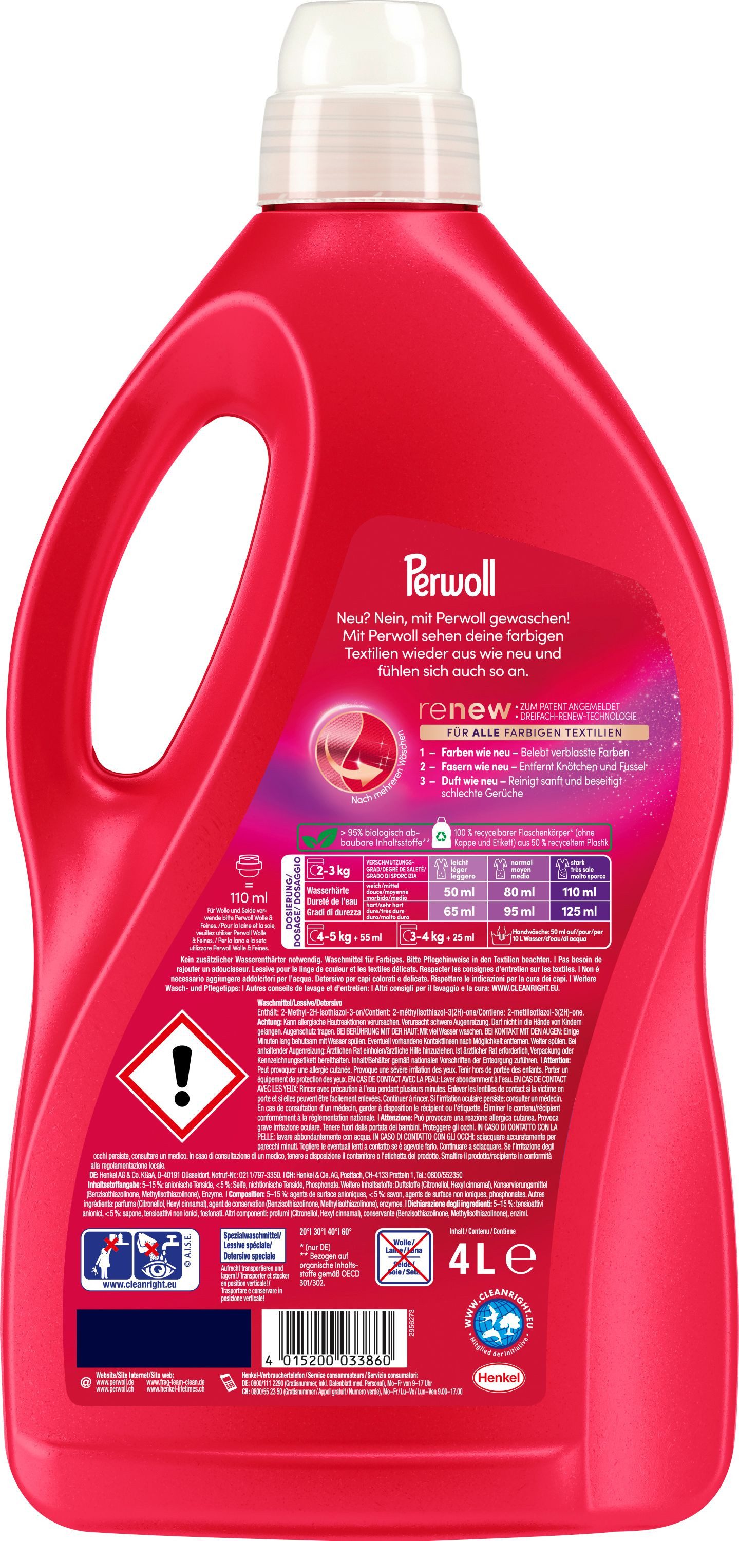 Perwoll PERWOLL Flüssigwaschmittel 80WL Color Familienpack 4L Colorwaschmittel (XXL-Pack, [1-St. Flüssigwaschmittel mit Dreifach-Renew-Technologie)