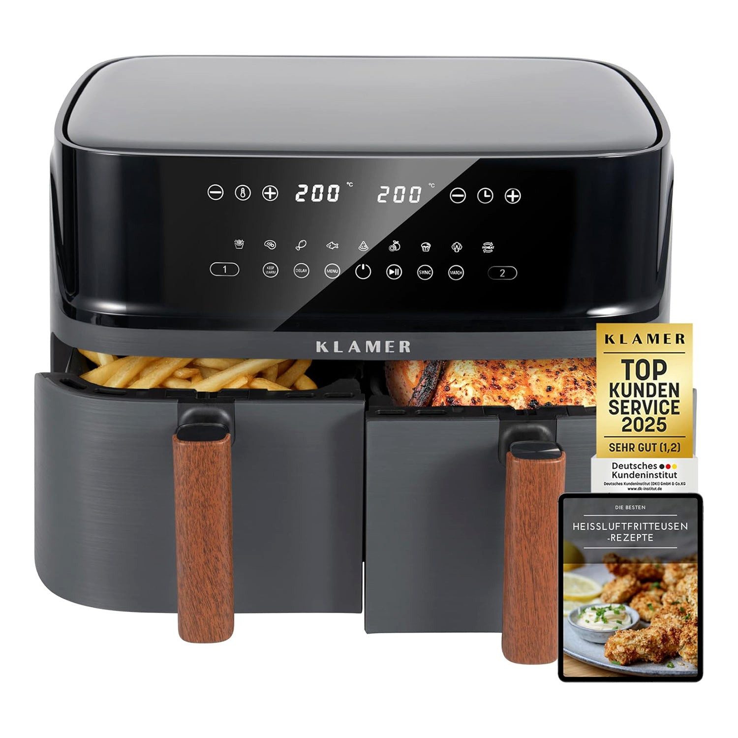 KLAMER Heißluftfritteuse Heißluftfritteuse Duo 9 L – Doppelkammer Airfryer mit 2 Körben, 3000 W, Zwei separate Fächer, Smart-Funktionen, Mehrere Programme & Steuerung