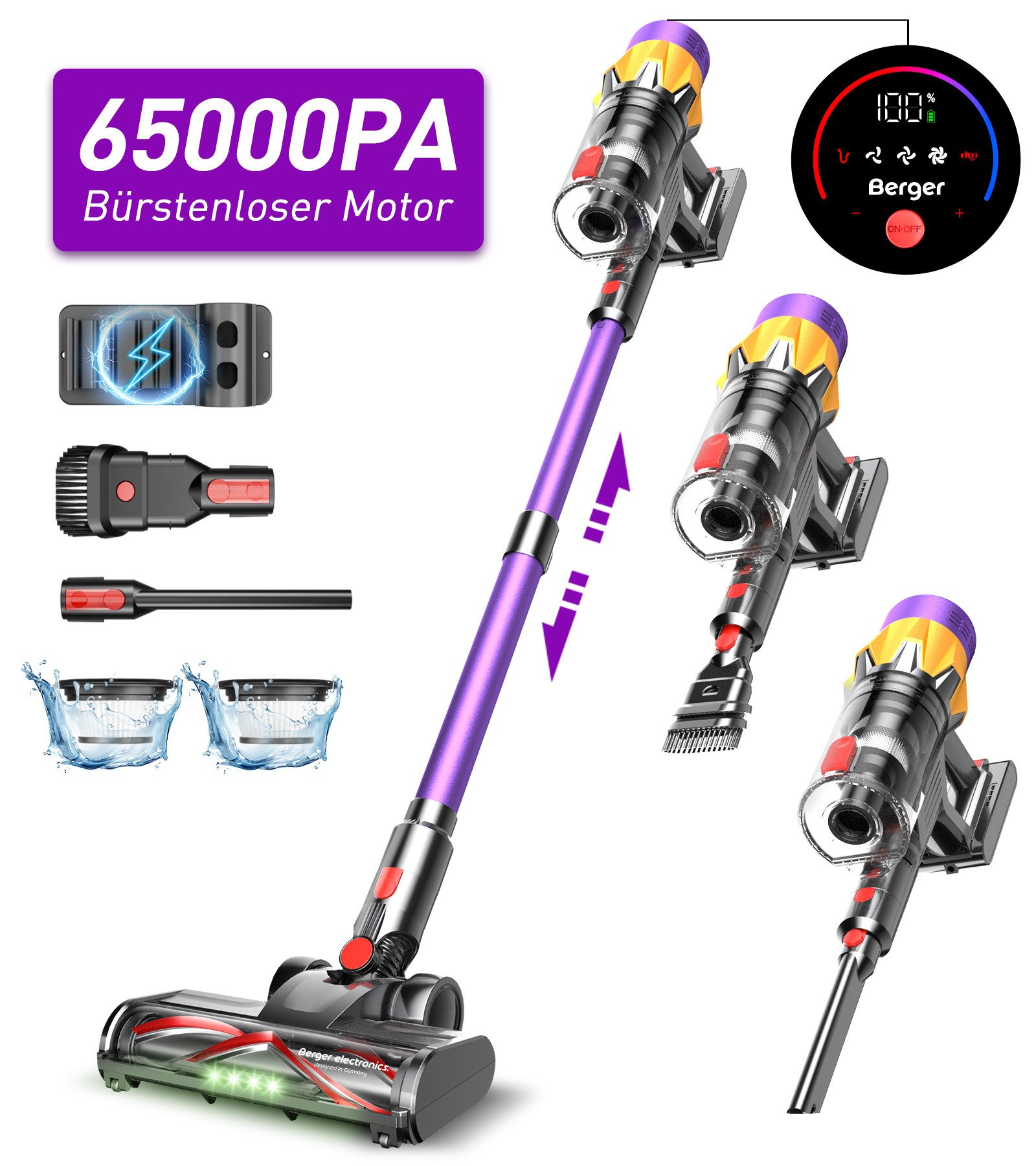 BERGER ELECTRONICS Akku-Hand-und Stielstaubsauger Akku Staubsauger, Staubsauger Kabellos, 65000 Pa/600W, 70min Laufzeit, MIBODE Akku Staubsauger, Bodenstaubsauger, Kabelloser Staubsauger