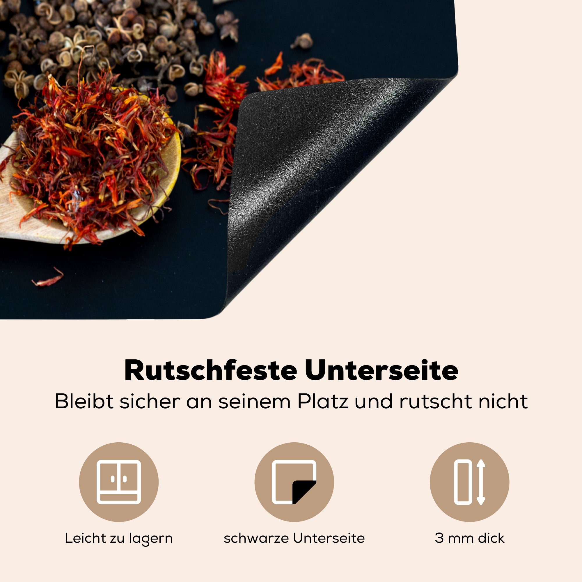 MuchoWow Herdblende-/Abdeckplatte in küche, cm, Induktionsmatte Hintergrund, (1 die tlg), 59x52 einem schwarzen Vinyl, Löffeln für auf Ceranfeldabdeckung Gewürze