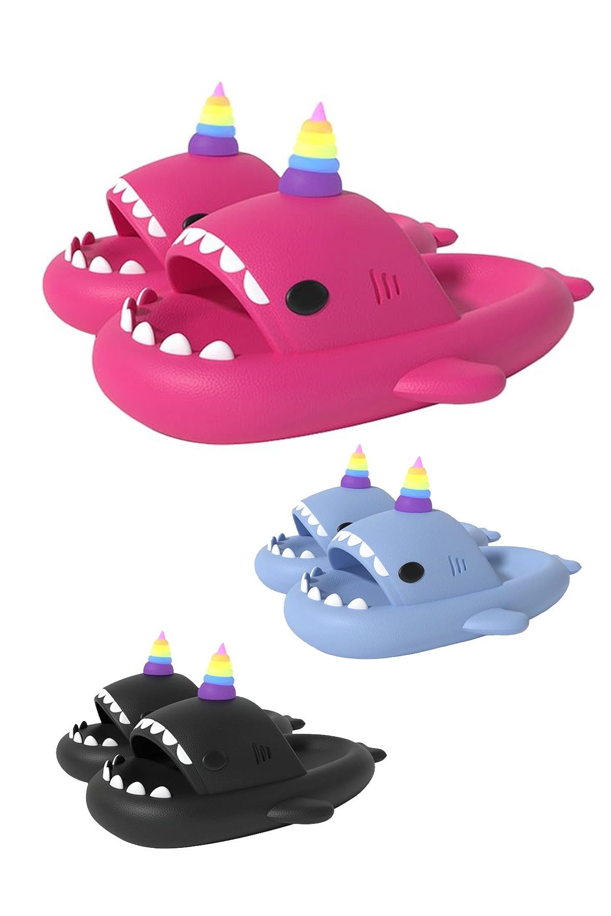 Corimori Hai Einhorn Badeschlappen mit Regenbogenhorn Badeschuh (Packung, Geschenk) lustige Badelatschen für Kinder und Erwachsene, EU Größe 34-35