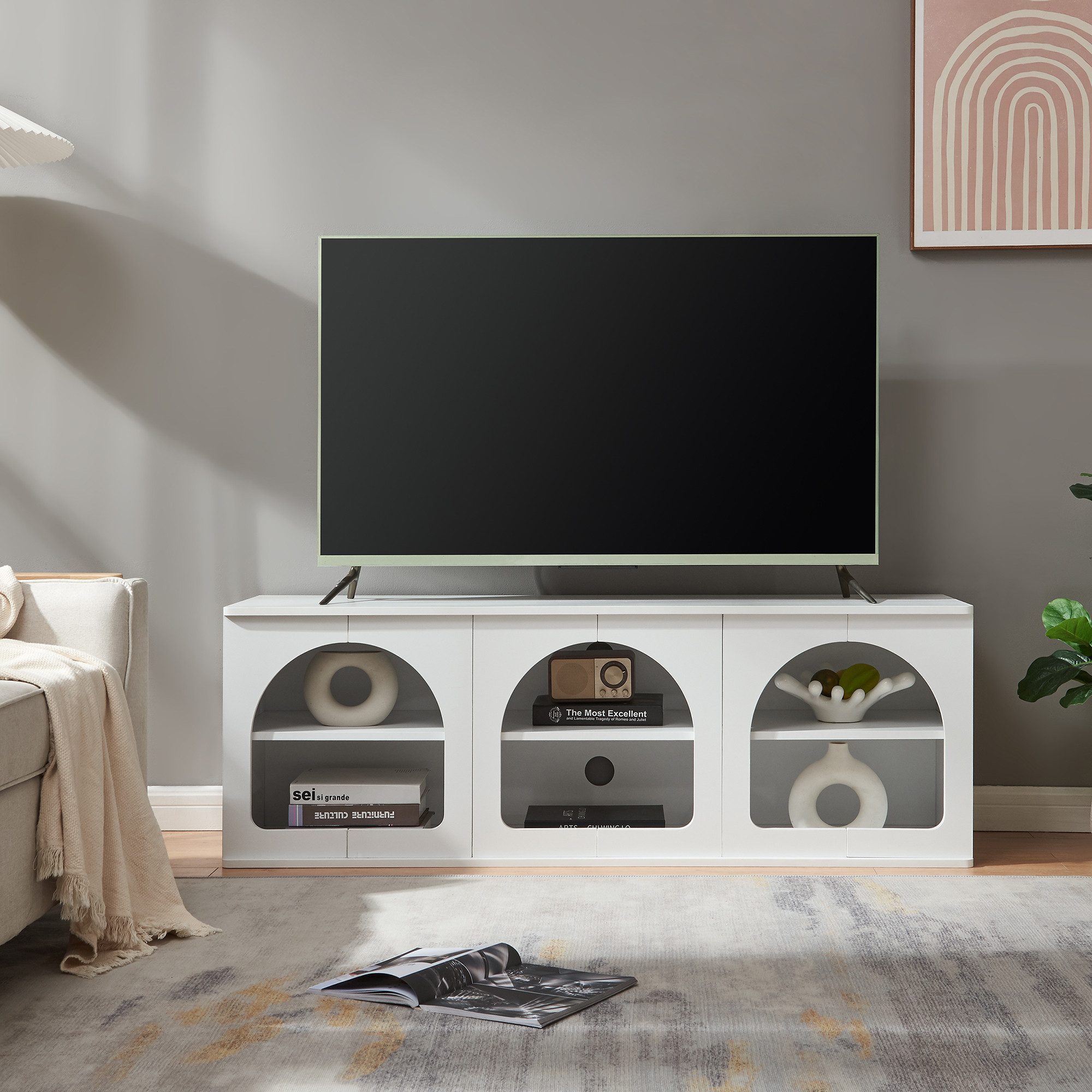 en.casa TV-Schrank »Trorhun« mit 6 offenen Fächern 140x38x48 cm Weiß günstig online kaufen