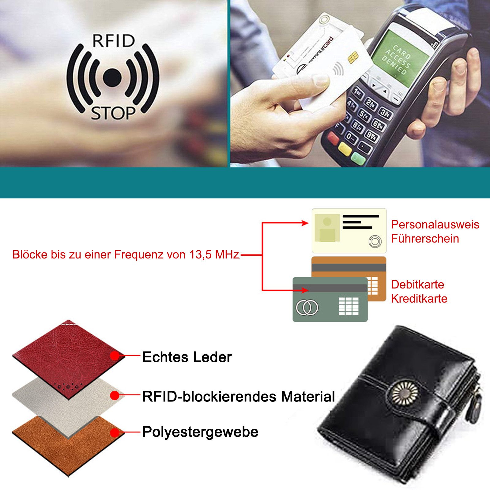 HAUSS SPOLE Geldbörse Geldbörse Geldbeutel RFID Portemonnaie Portmonee Unterarmtasche, mit RFID-Schutz und praktischer Einteilung, echt Leder