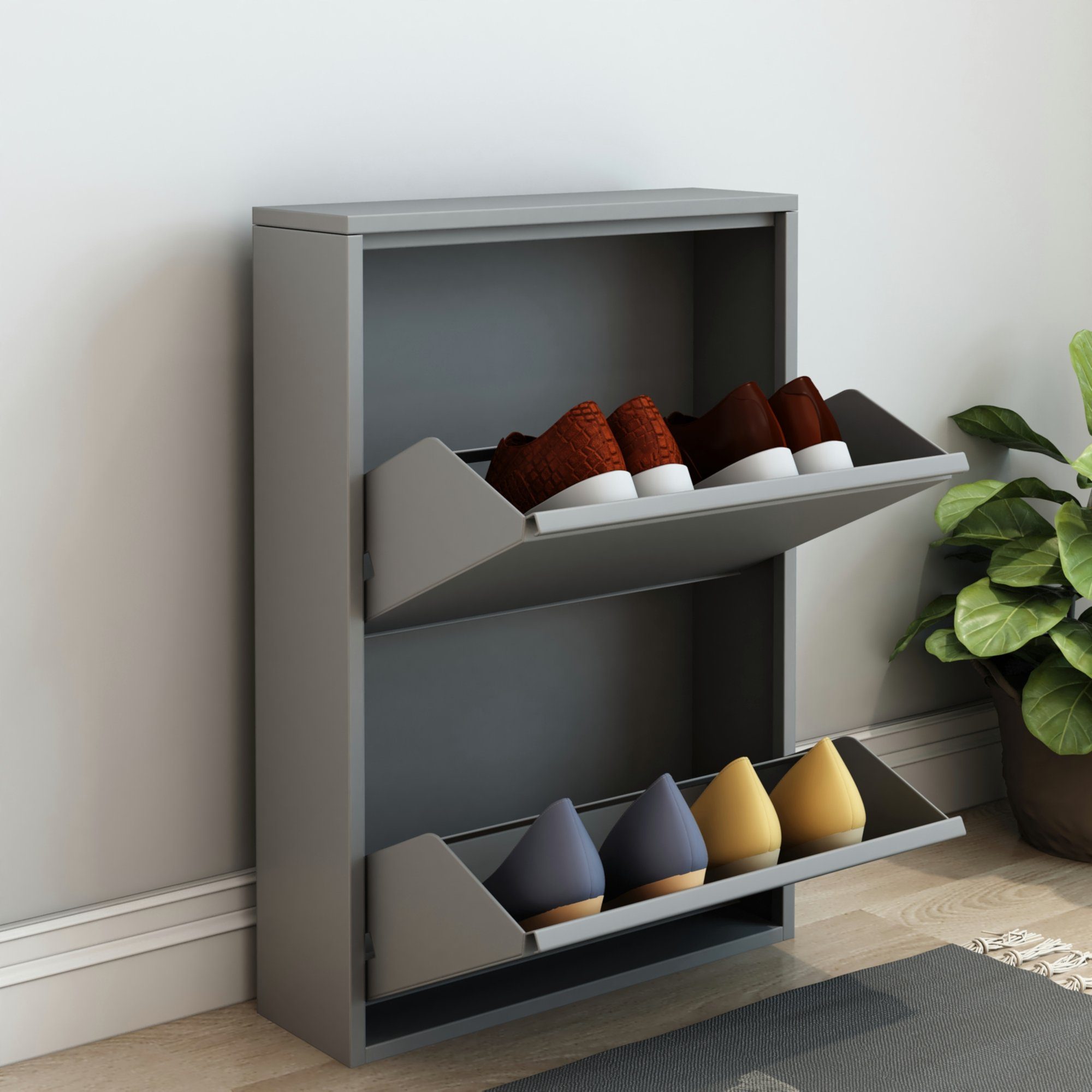 en.casa Schuhschrank »Sokndal« Schuhkipper mit 2 Kippfächern 71 x 50 x 15 cm Grau | Stahlschränke