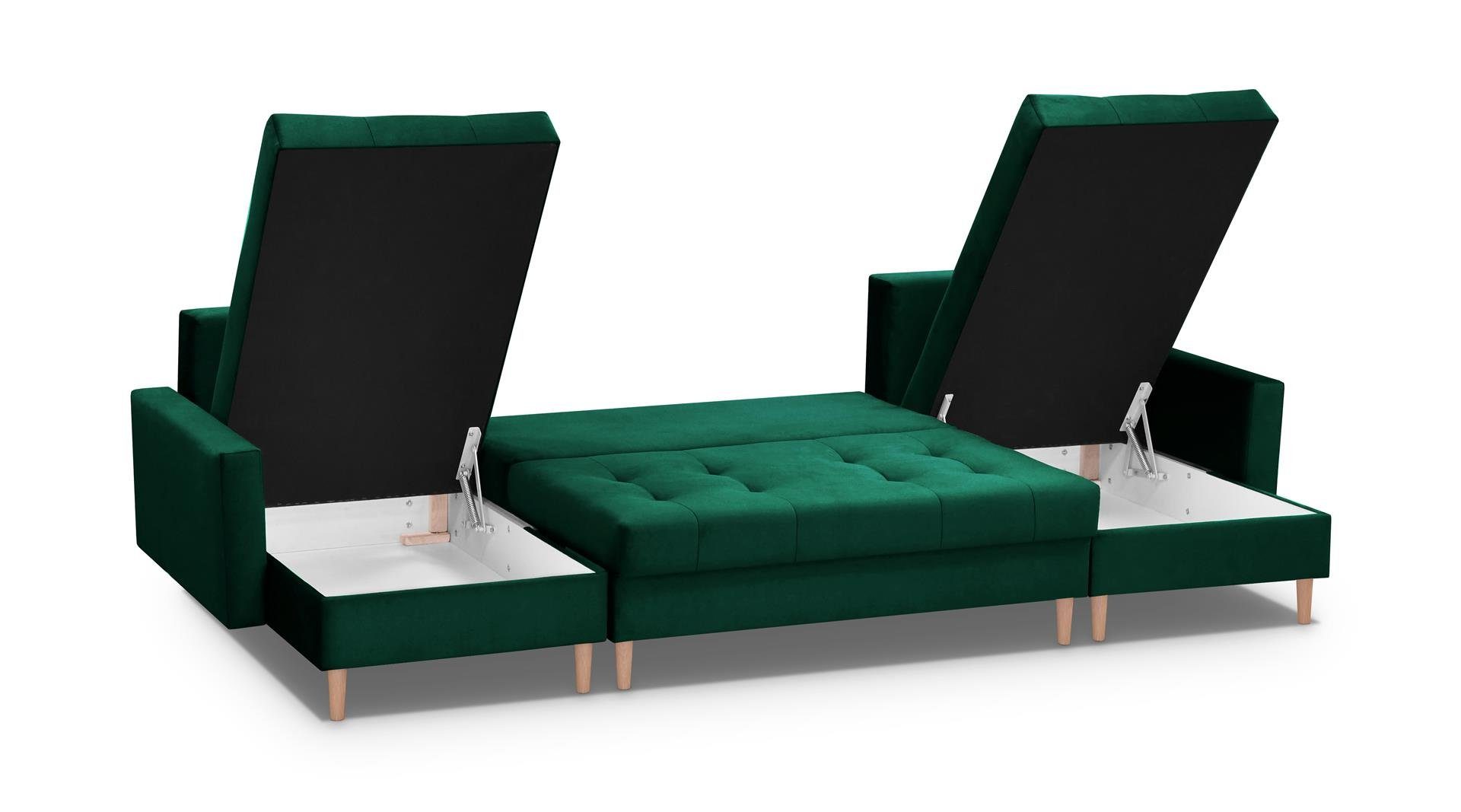 flasches und Ecksofa (kronos U Velour 19) Kissen Beautysofa Sofa, grün Schlaffunktion + mit HALANT Bettkasten, Ecksofa