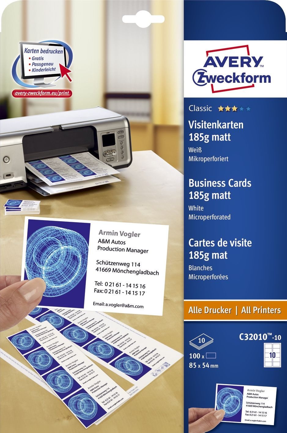 Avery Zweckform Visitenkarten C32010-10 C32010-10 Classic Visitenkarten 85 x 54 mm beidseitig beschi