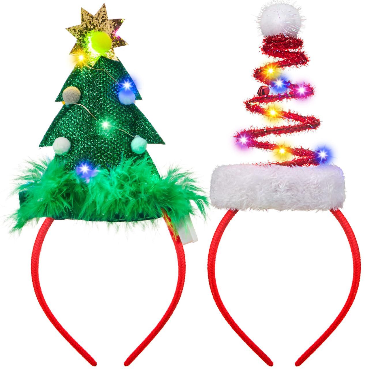 Mrilary Haarreif LED-Weihnachts-Haarreifen, Weihnachtsmann- und Weihnachtsbaum-Design, 2-tlg., 2er-Set,elastische Party-Accessoires für Weihnachten und Feiern
