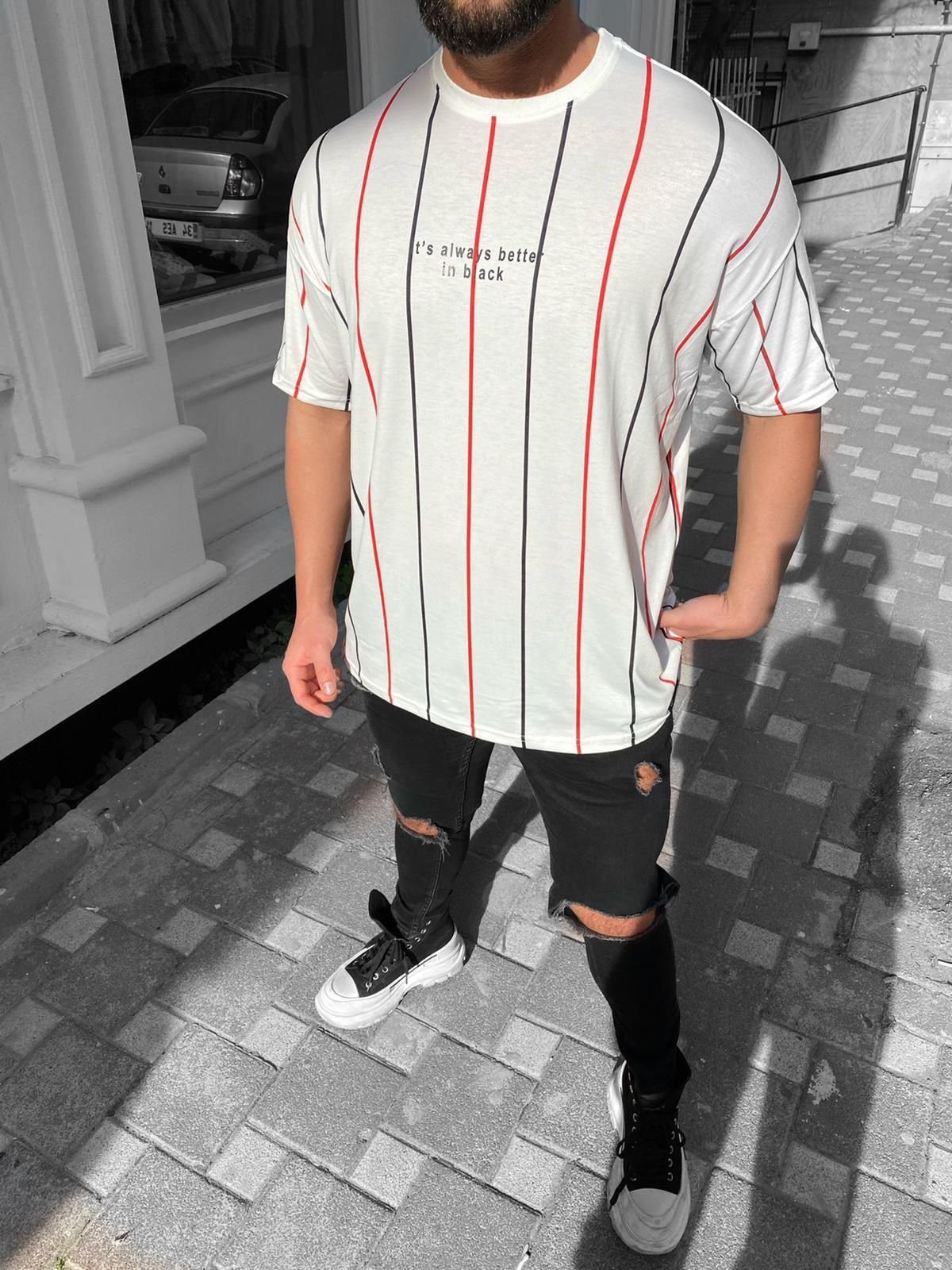 Megaman Jeans Oversize-Shirt Herren T-Shirt Oversize Shirt Long-Shirt Tee Sommer Shirt Gestreift Modern Mode Fashion Schwarz-Rot