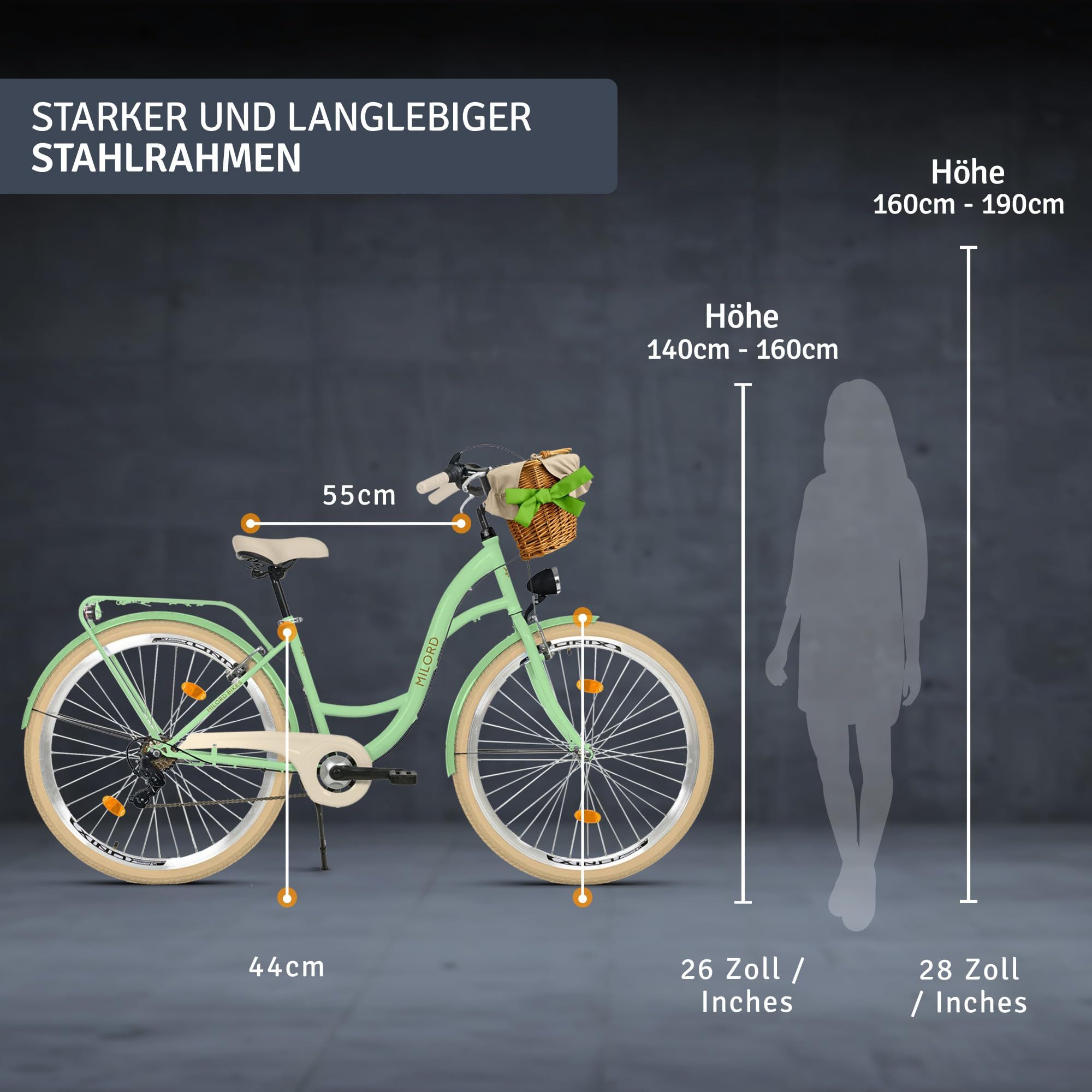 Milord Cityrad Milord City Damenfahrrad Weidenkorb 28/26 Zoll, Mintze-Creme, 7-Gang, 7 Gang, (Fahrradständer, Gepäckträger, Klingel, Korb, Kotflügel)