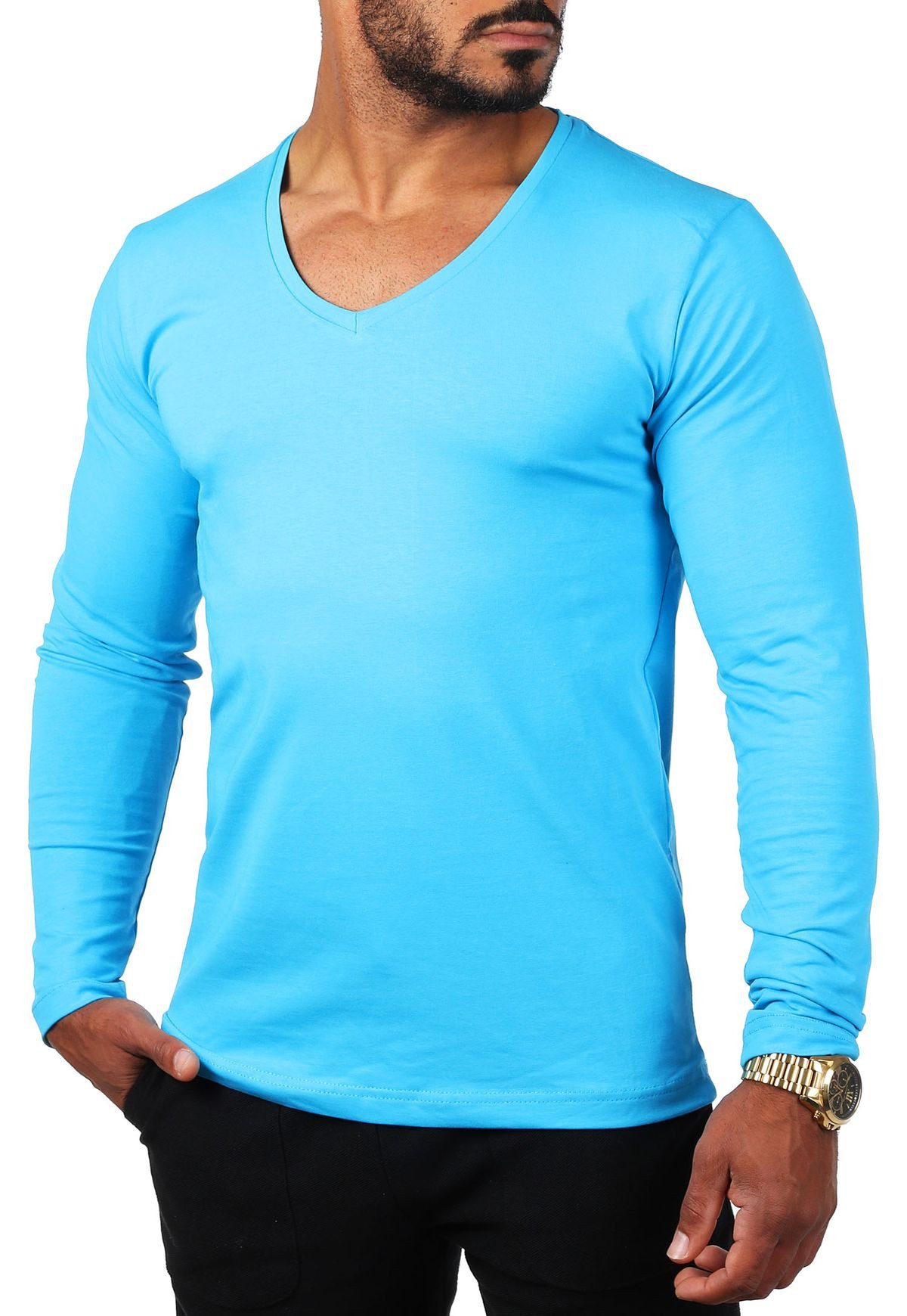 Langarmshirt Herren Uni Basic tiefer V-Ausschnitt Longsleeve Unterziehshirt 2239