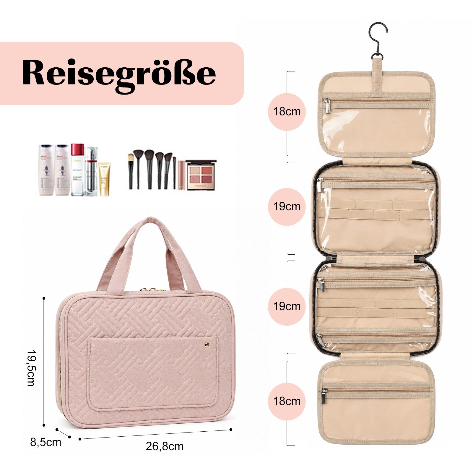 OSTWOLKE Kulturbeutel Reise Kulturtasche Damen Wasserabweisende Kulturbeutel zum Aufhängen, Kosmetiktasche mit 4 Fächer, elastische Bänder, 360° Haken, Doppel-R – Bild 3 von 5