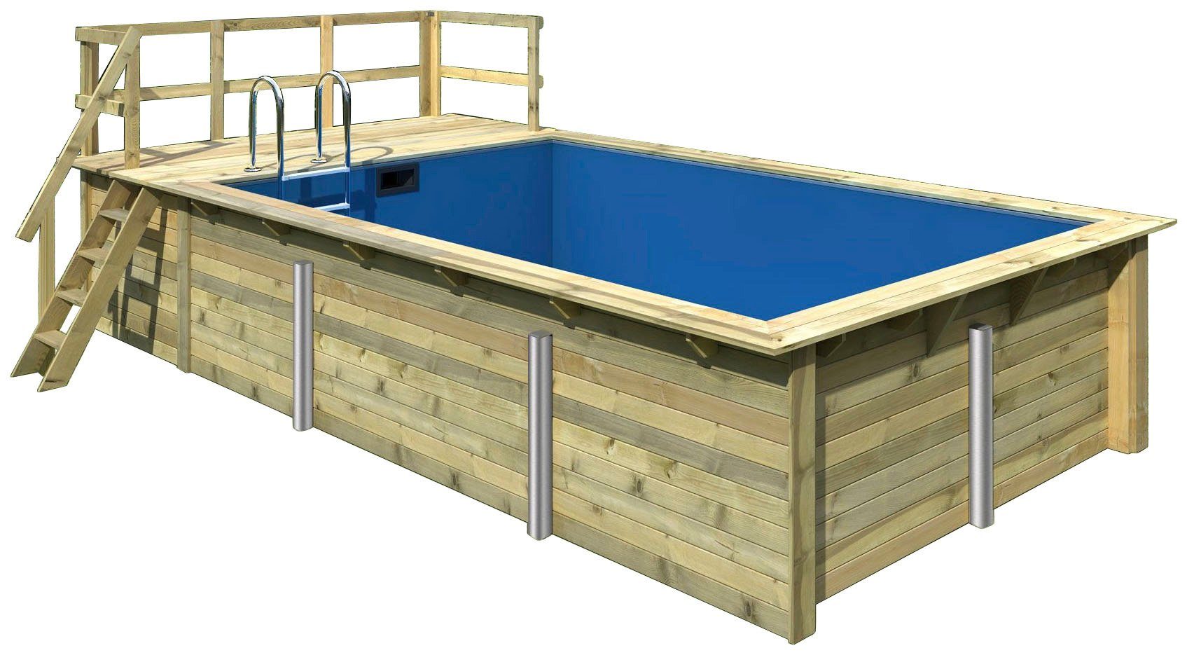 Karibu Rechteckpool Malta A BxLxH: 353x530x124 cm mit Sonnendeck (Set, 7-tlg), 44 mm starke kesseldruckimprägnierte Holzbohlen aus Fichtenholz