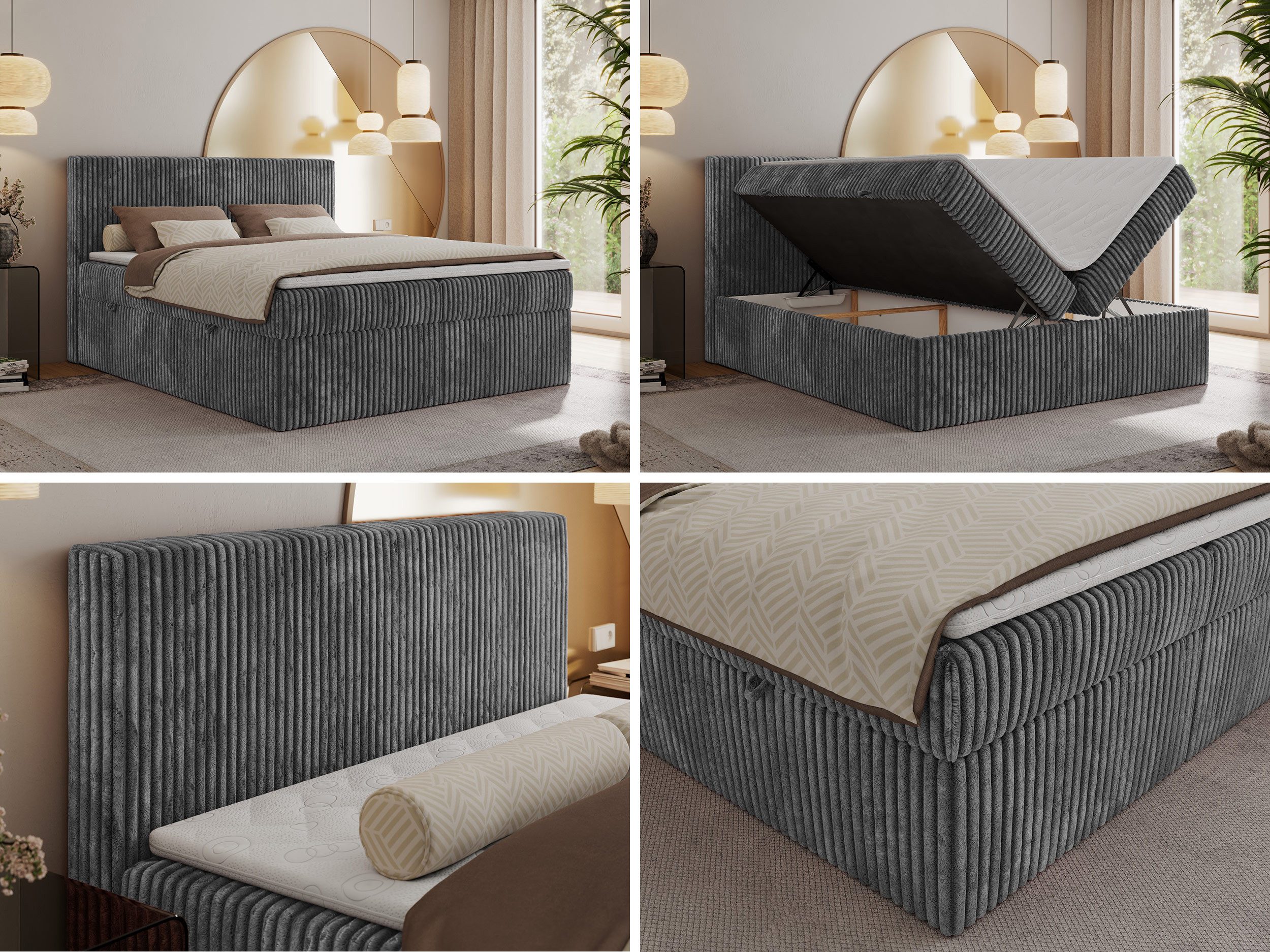 MKS MÖBEL Boxspringbett TILIANO (Packung, Set, Gepolstertes Kopfteil, Topper T25, Polsterbett, T30-Schaum), Doppelbett, Multipocket-Matratzen, Zwei Bettkästen, Cord Bett