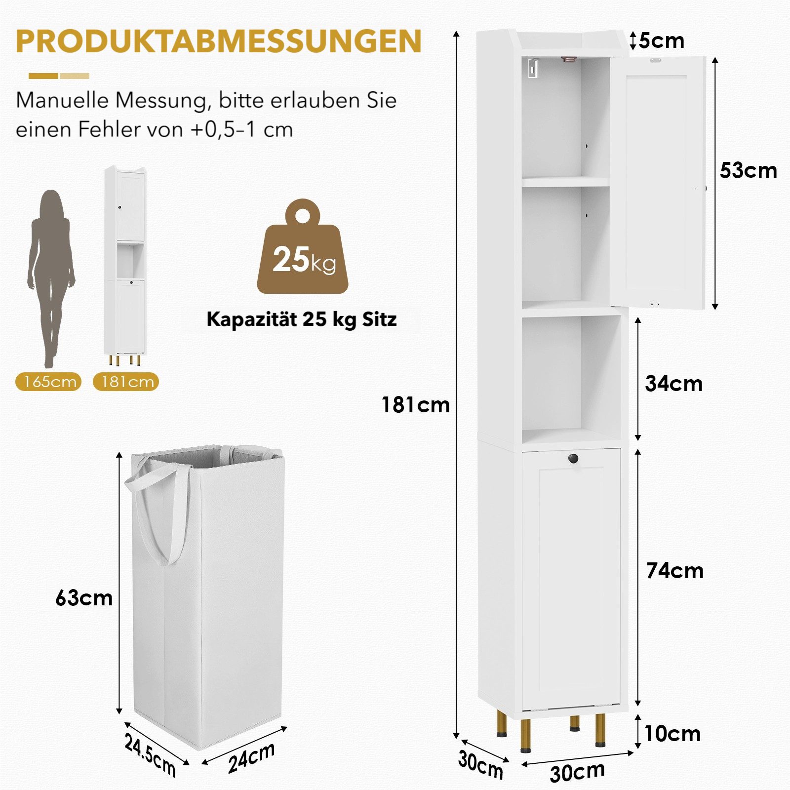 TLGREEN Badkommode Badezimmerschrank mit Wäschekorb, (37 L Wäschebeutel, Standschrank mit 4 Aufbewahrungszonen), verstellbare Böden, 25 kg Tragkraft, Kippschutz