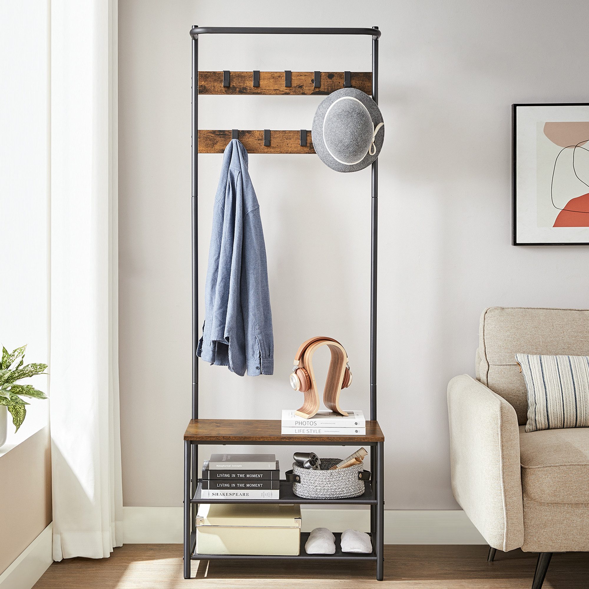 VASAGLE Garderobenständer Garderobe, Kleiderstange, Sitzbank