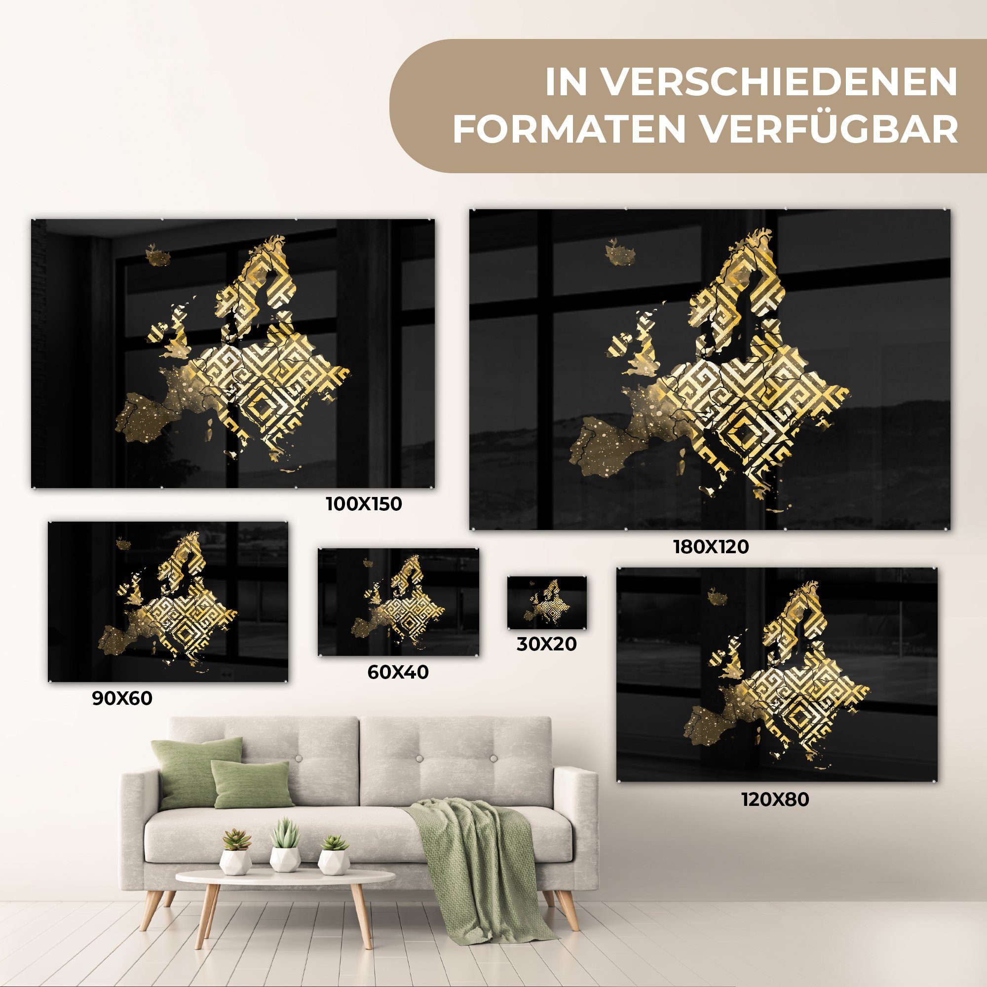 Schlafzimmer Muster Acrylglasbild Gold, & MuchoWow Wohnzimmer Karte Acrylglasbilder St), (1 - Europa -