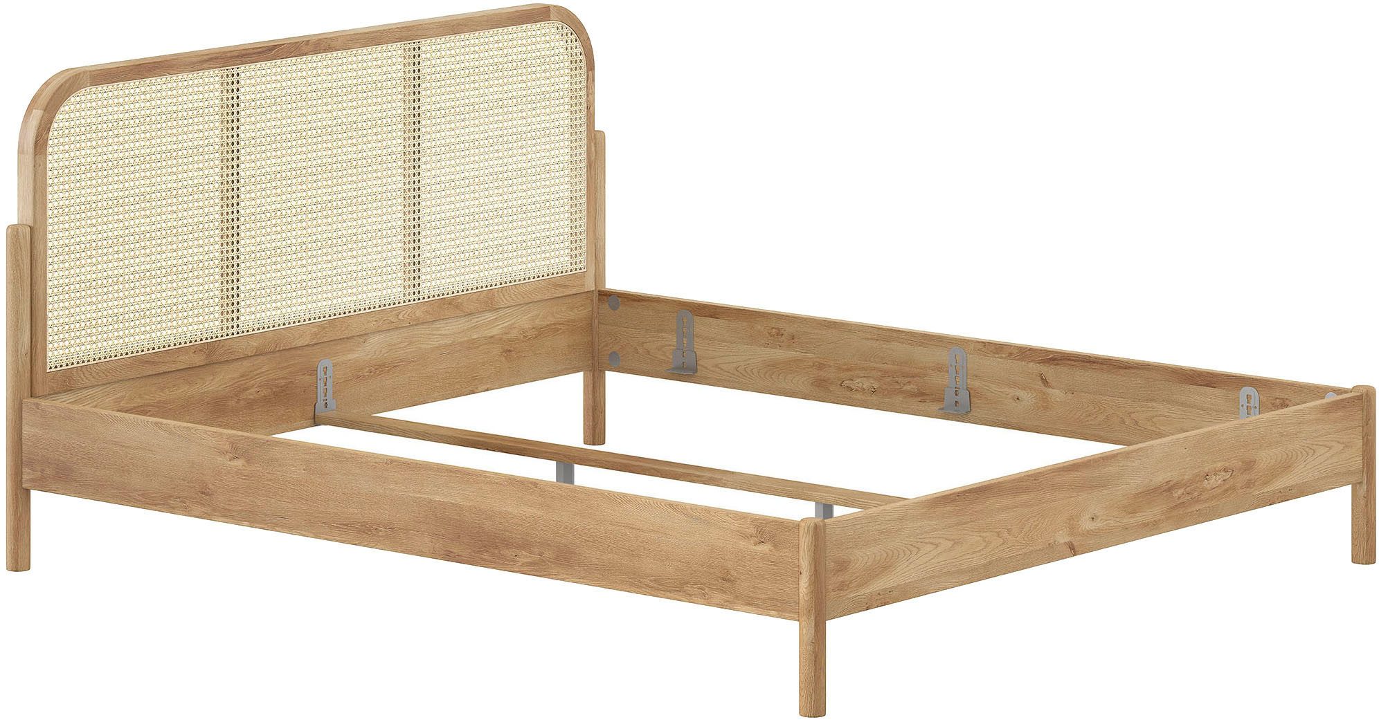Vipack Bettgestell Olive, Bettpfosten Eiche massiv und furnierten Bettseiten (mit hochwertigem Rattan-Geflecht Kopfteil, Rahmen Eiche massiv), ohne Lattenrost, mit höhenverstellbarem Rahmenbeschlag, zwei Breiten