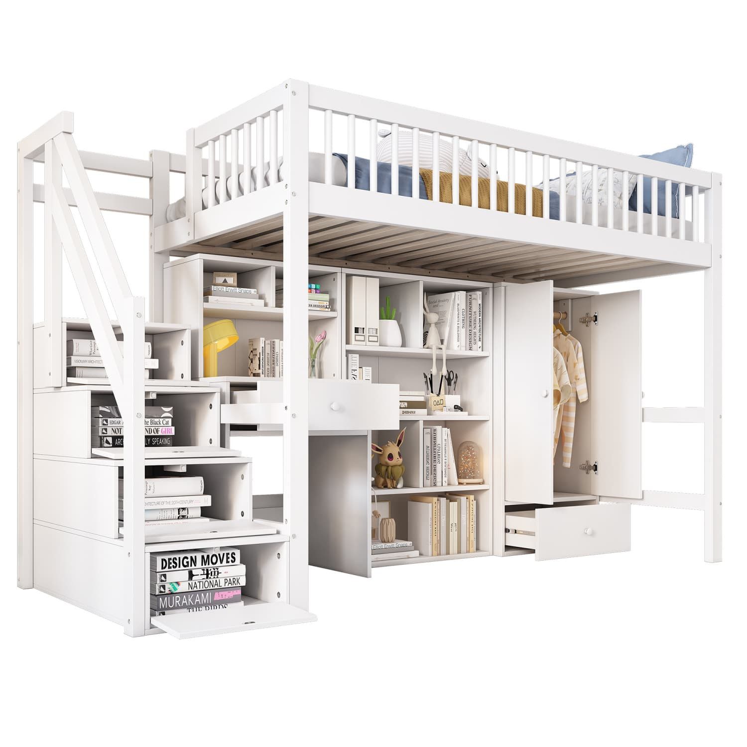 autolock Kinderbett Kinderbett,Einzelbett,multifunktionales Kinderbett mit Schreibtisch, Hausbett mit Treppe,Schließfächern,Kleiderschrank,aus massivholz+MDF