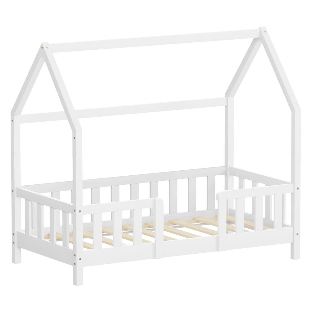ML-DESIGN Spielbett Hausbett Kinderbett inkl. Lattenrost kreativ Bodenbett für Kinder, Abenteuerbett ohne Matratze 70x140cm Holzbett Weiß Kiefer Bettgestell