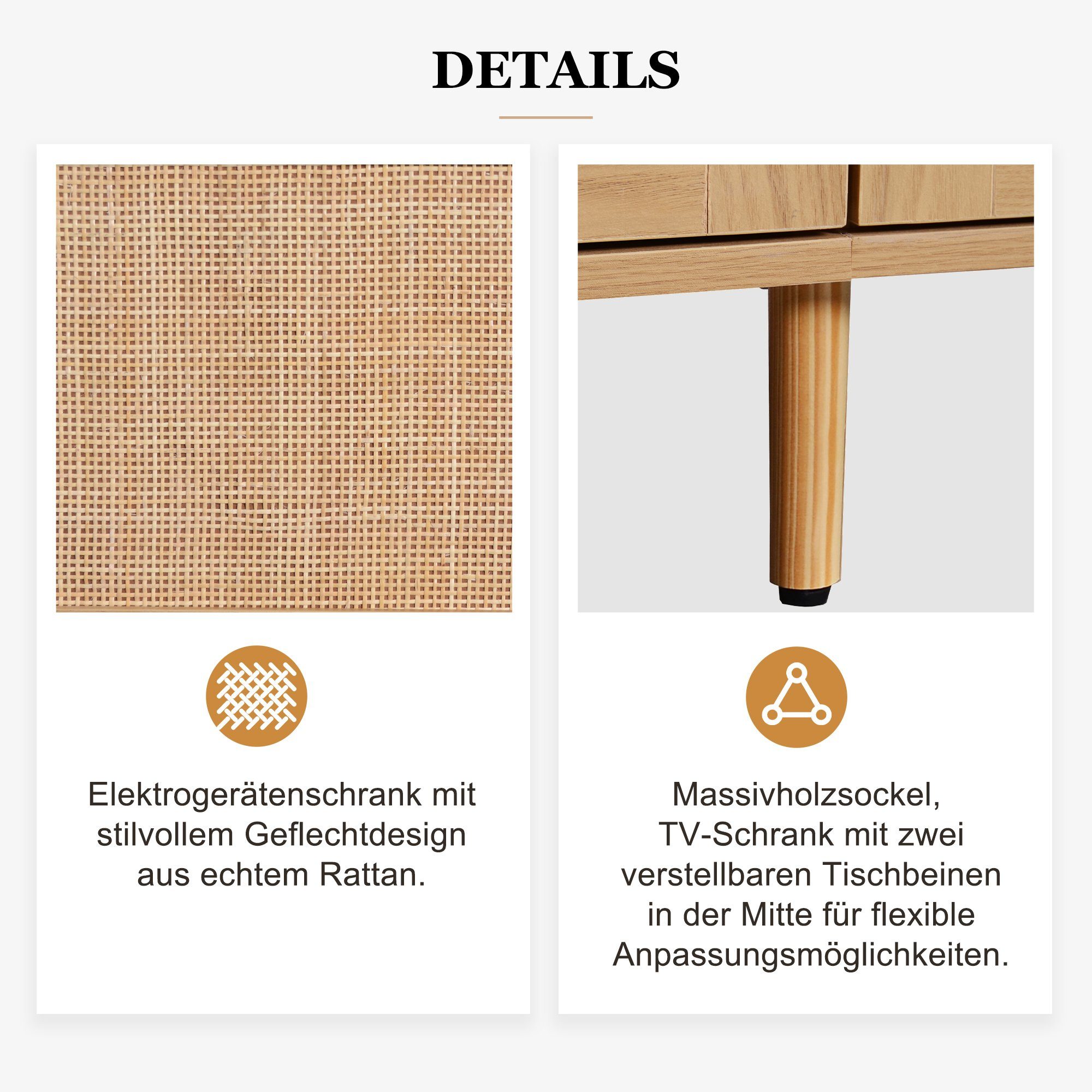 Holzfüßen, TV TV-Ständer, mit lowboard Geflochtener Natur Rattan-TV-Boards massiven TV-Schrank (TV-Konsolentisch,200*37*49cm) REDOM Holz-TV-Schrank,