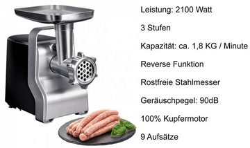 Zilan Fleischwolf ZLN-0126, 2100 W, 9 in 1,Rostfreies Metall-Getriebe,Spritzgebäckaufsatz,Kibbe-Aufsatz